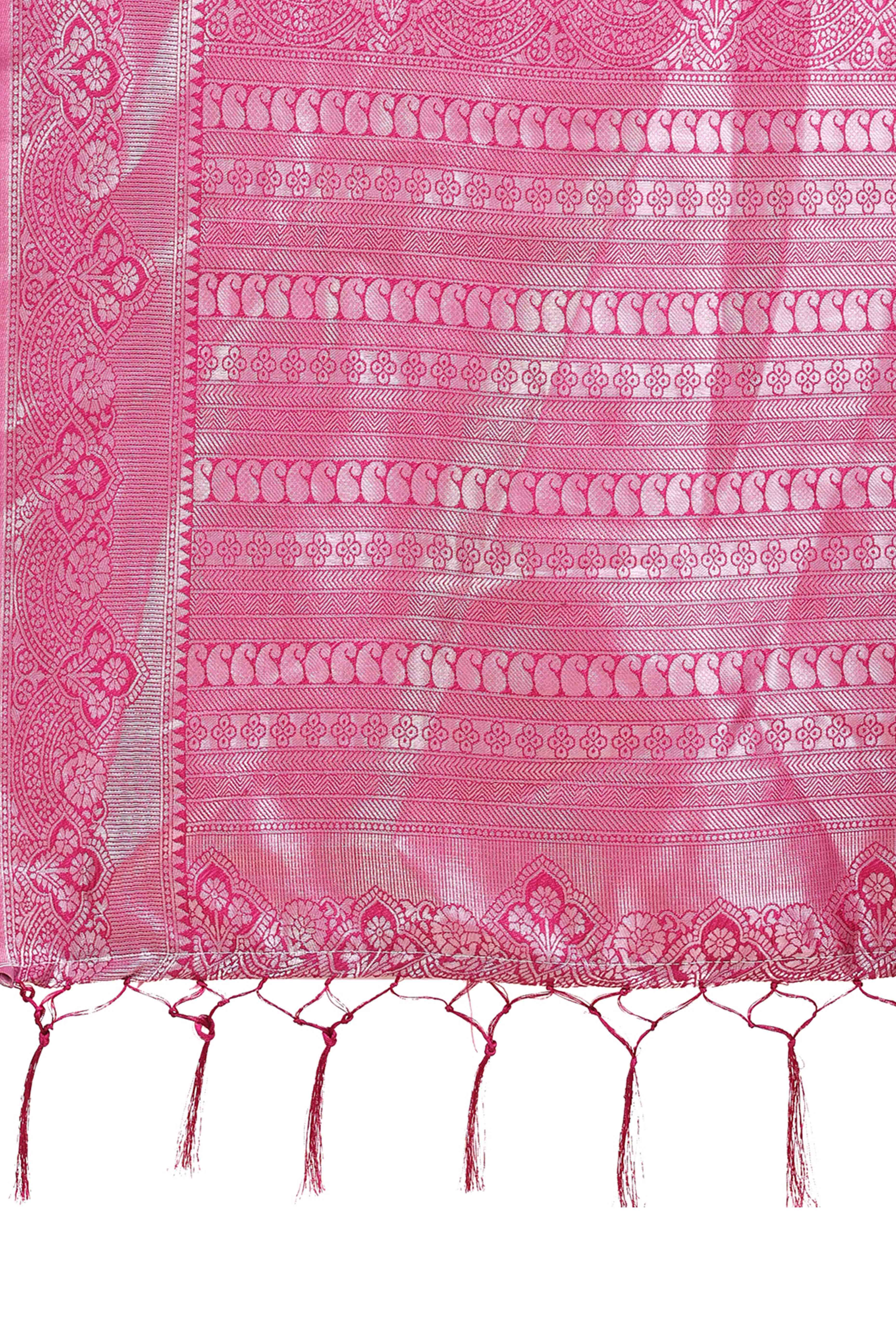 Light Pink Lichi Silk Blend Saree With Intricate Paisley Zari Weave & Graceful Tassels