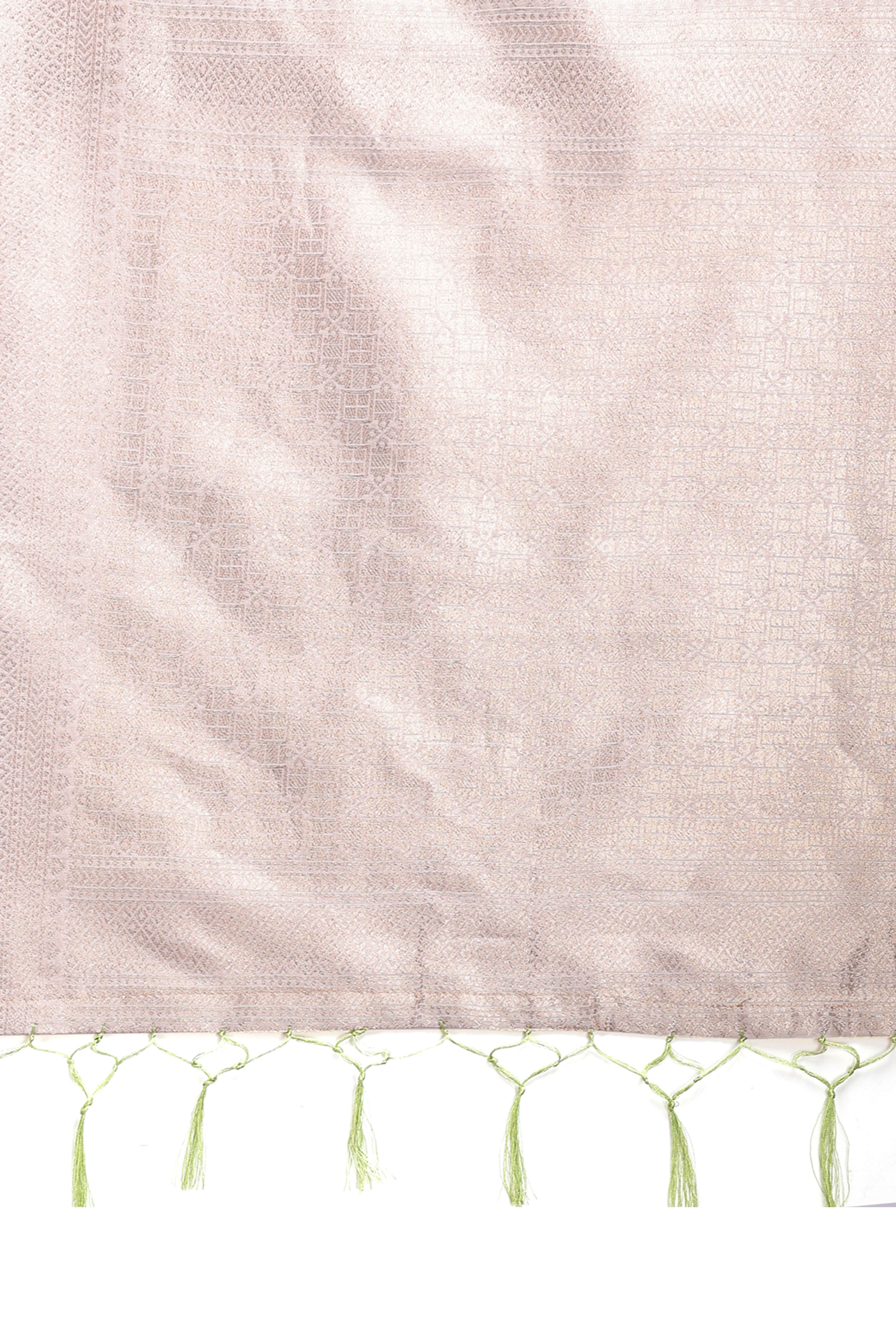 White and Light Green Cotton Silk Saree with Leaf Motifs and Zari Border Tassels