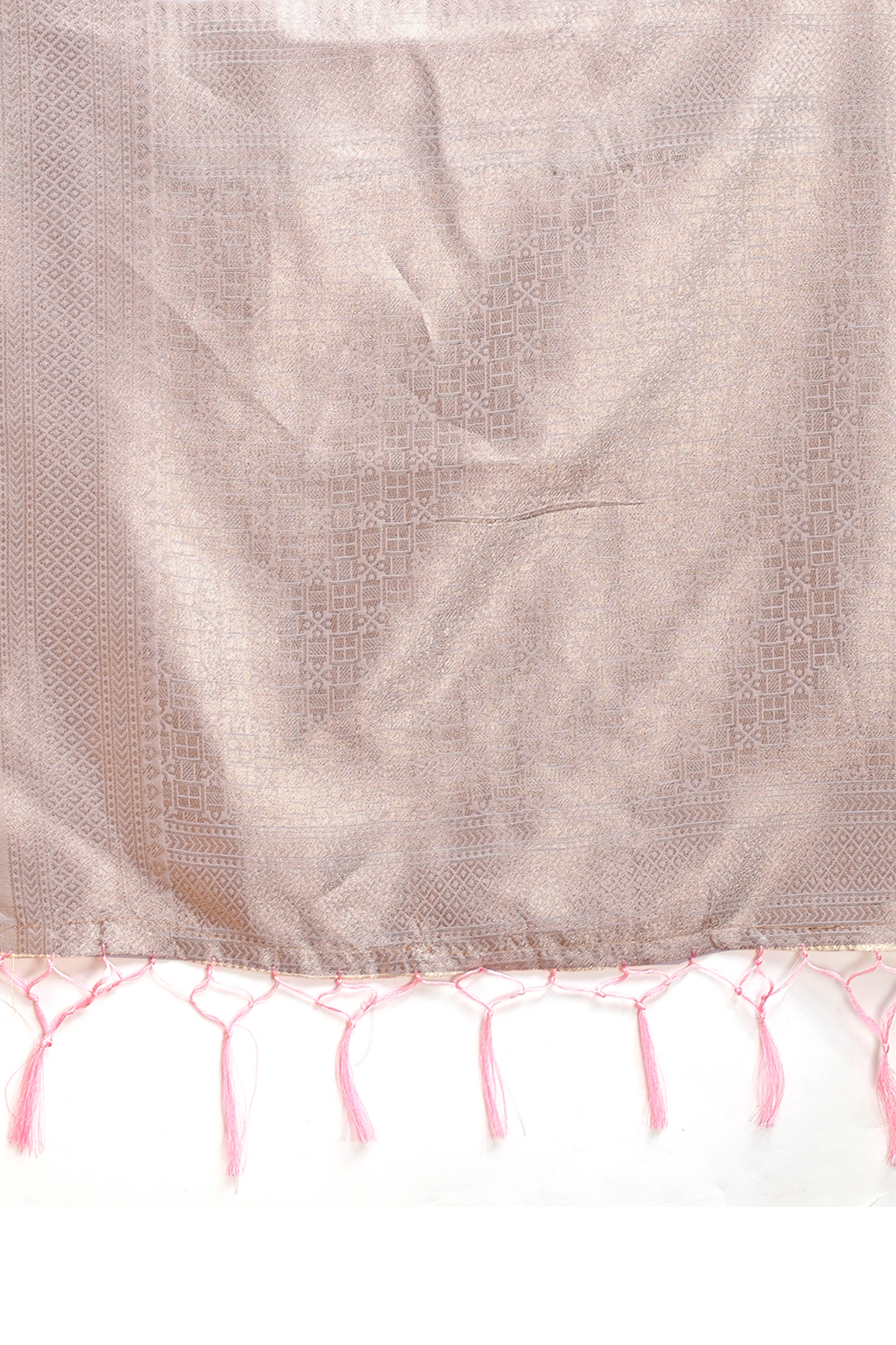 White and Pink Cotton Silk Saree with Leaf Motifs and Zari Border Tassel Design