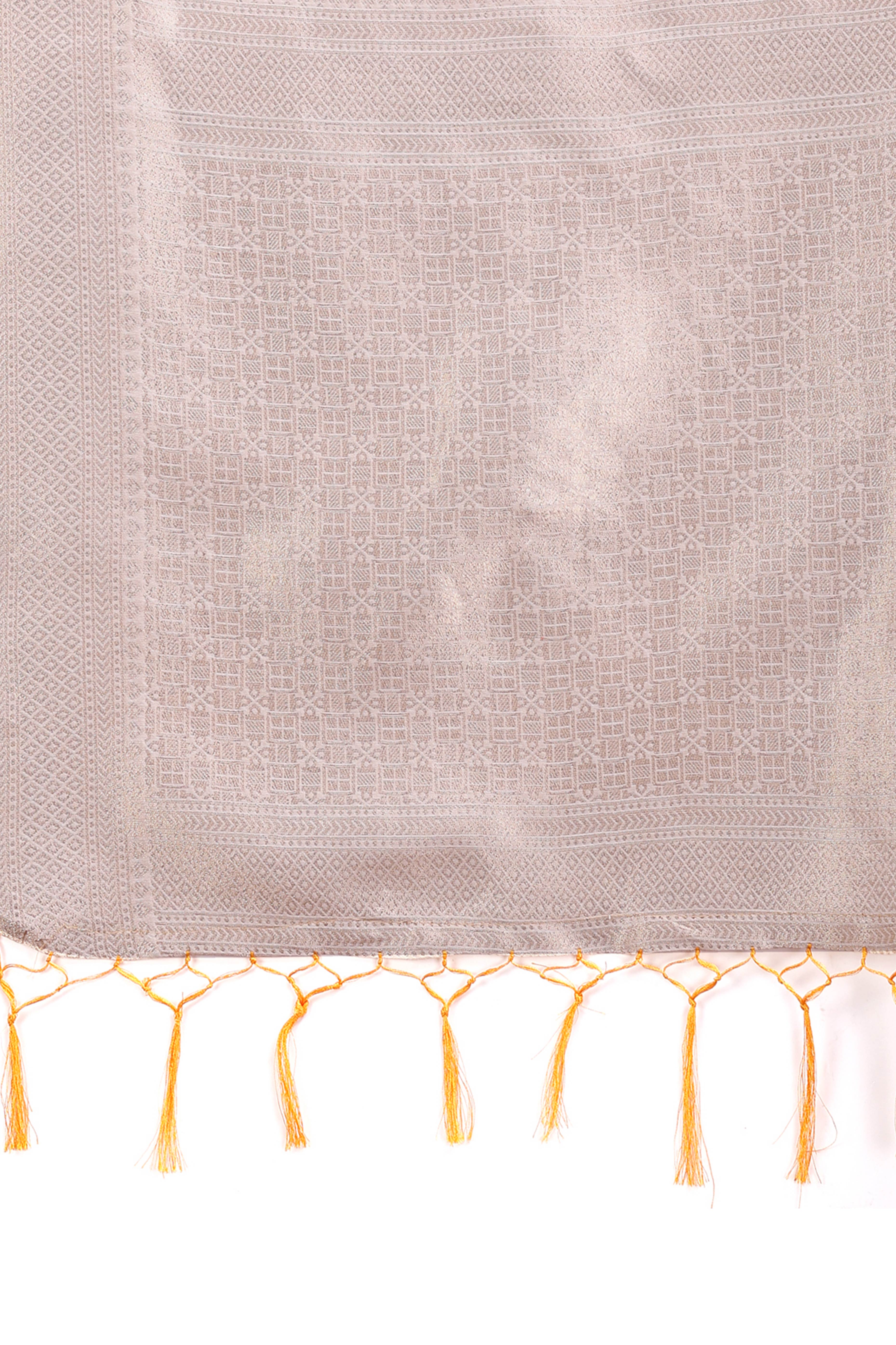 White and Orange Cotton Silk Saree with Leaf Motifs and Zari Border Tassel Style