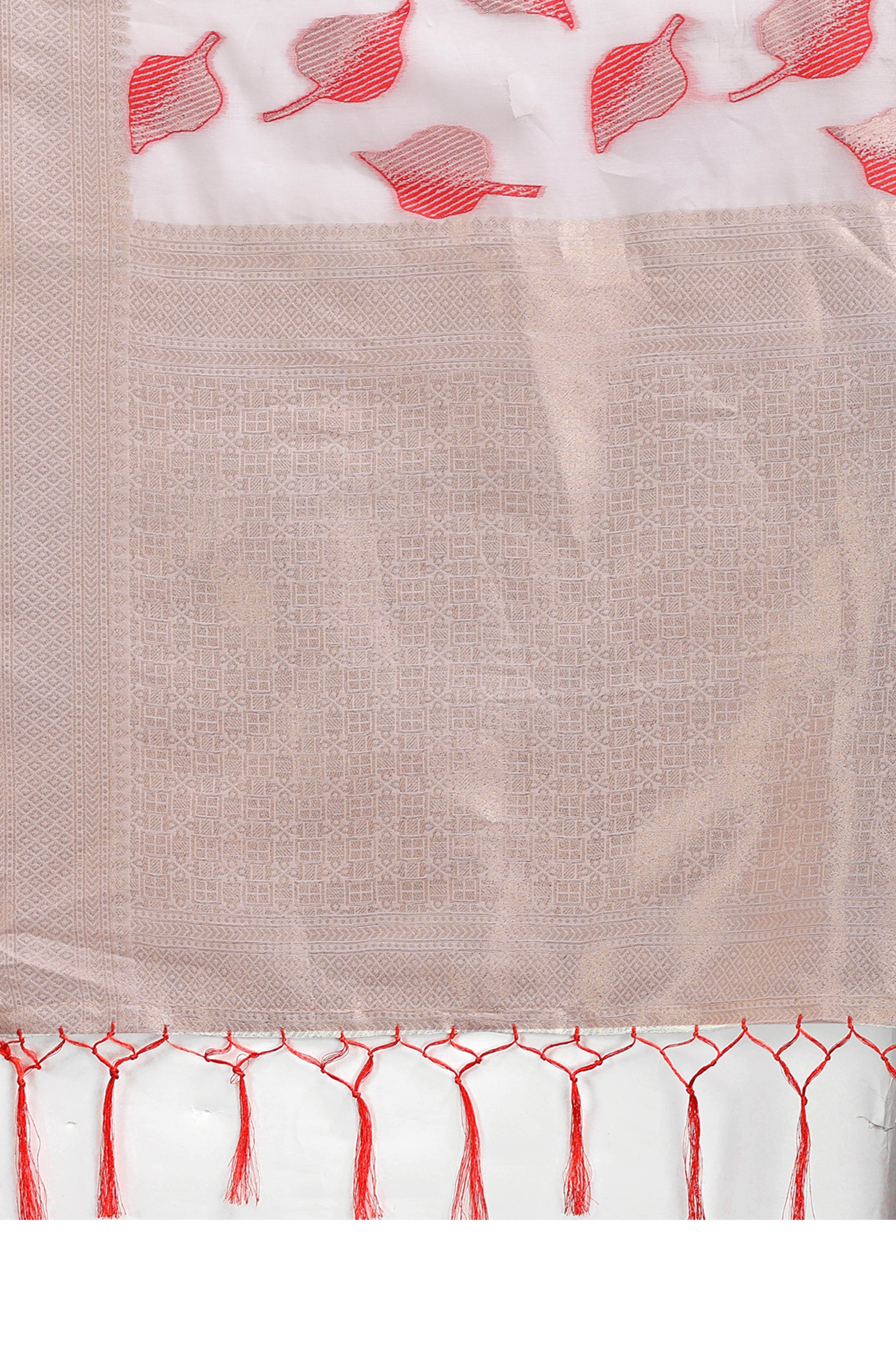 White and Red Cotton Silk Saree with Leaf Motifs and Zari Border Tassel Artistry