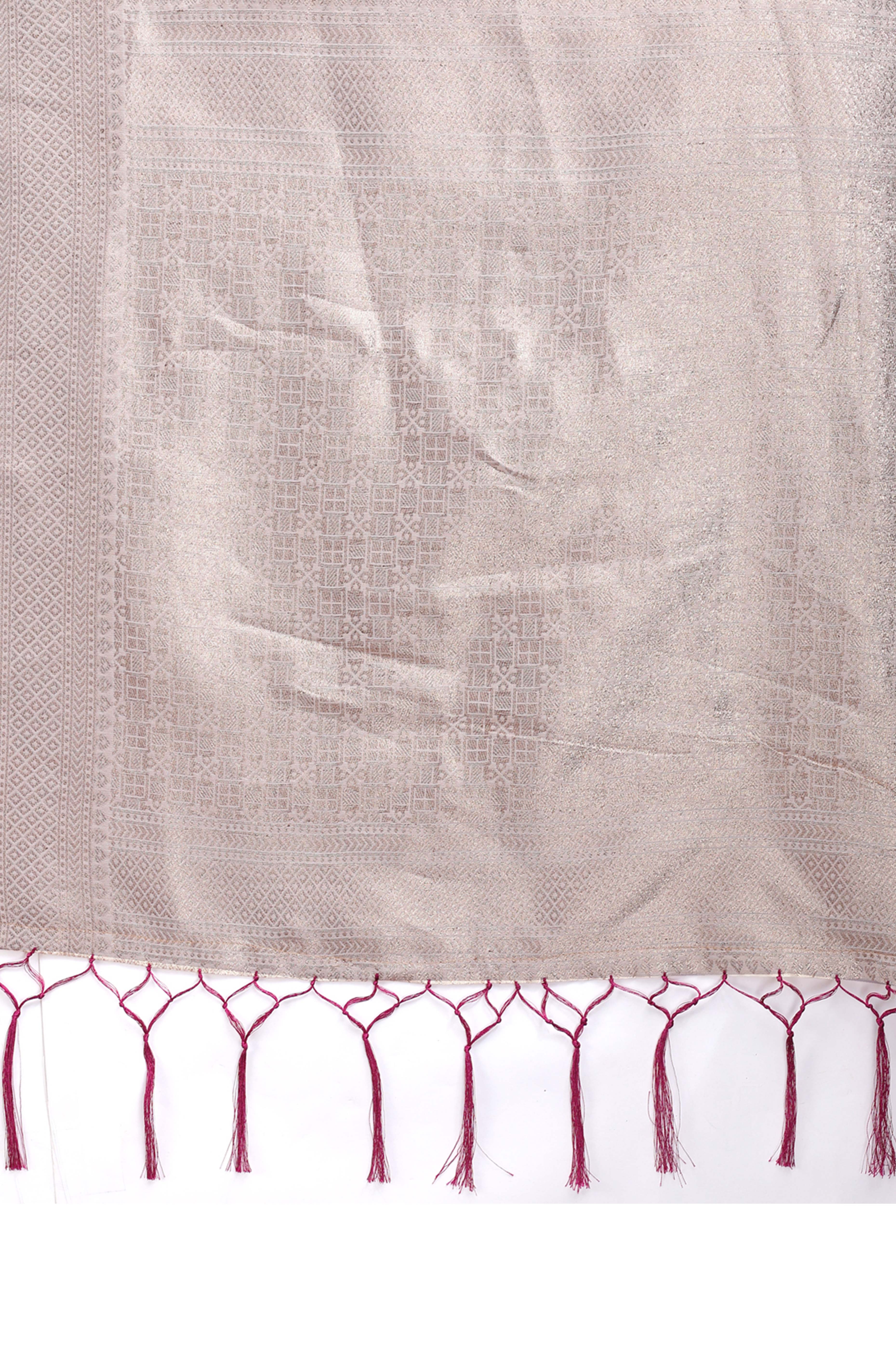 White and Purple Cotton Silk Saree with Leaf Motifs and Zari Border Tassel Finish