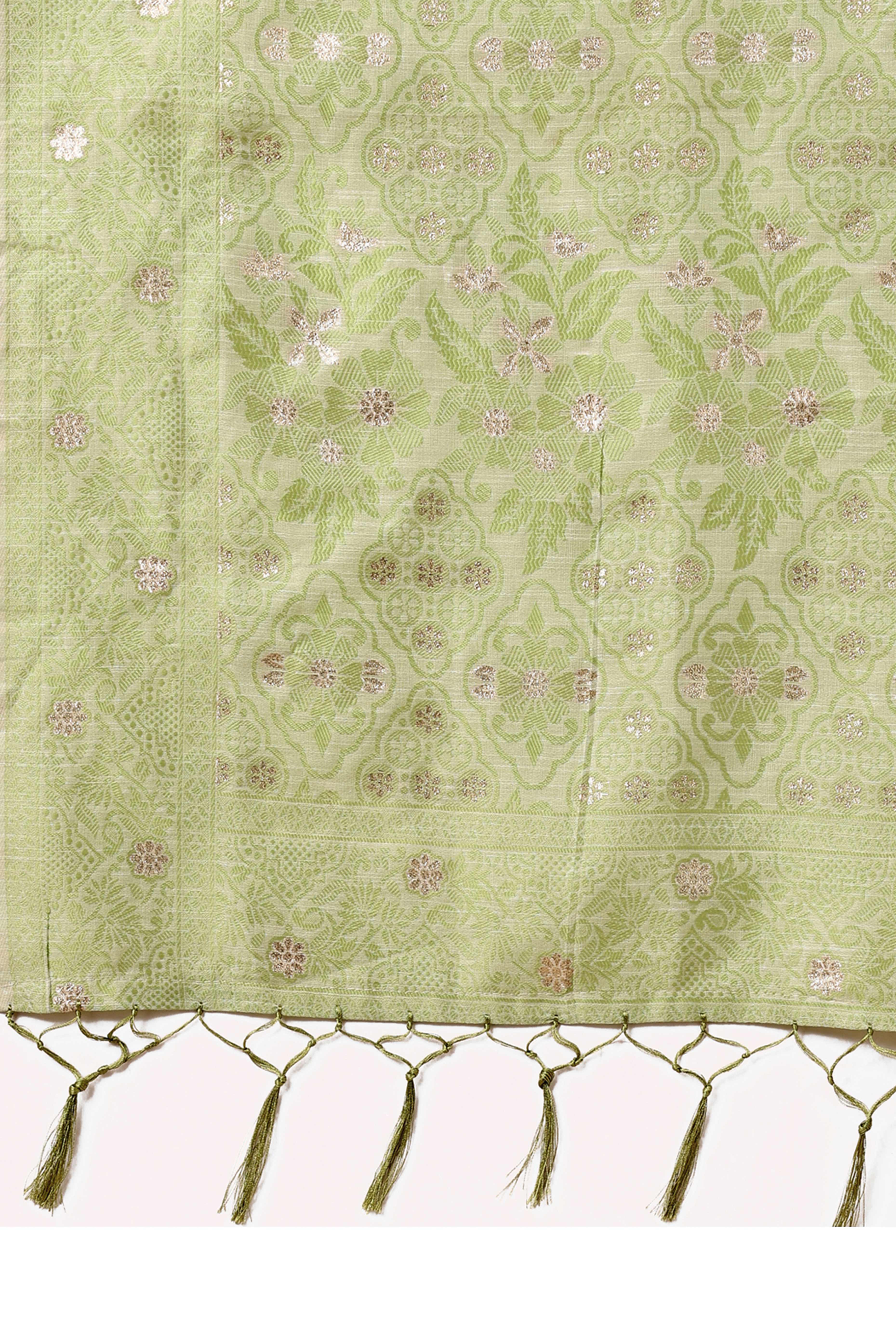 Light Green Floral Zari Woven Cotton Blend Saree With Delicate Tassel Detailing