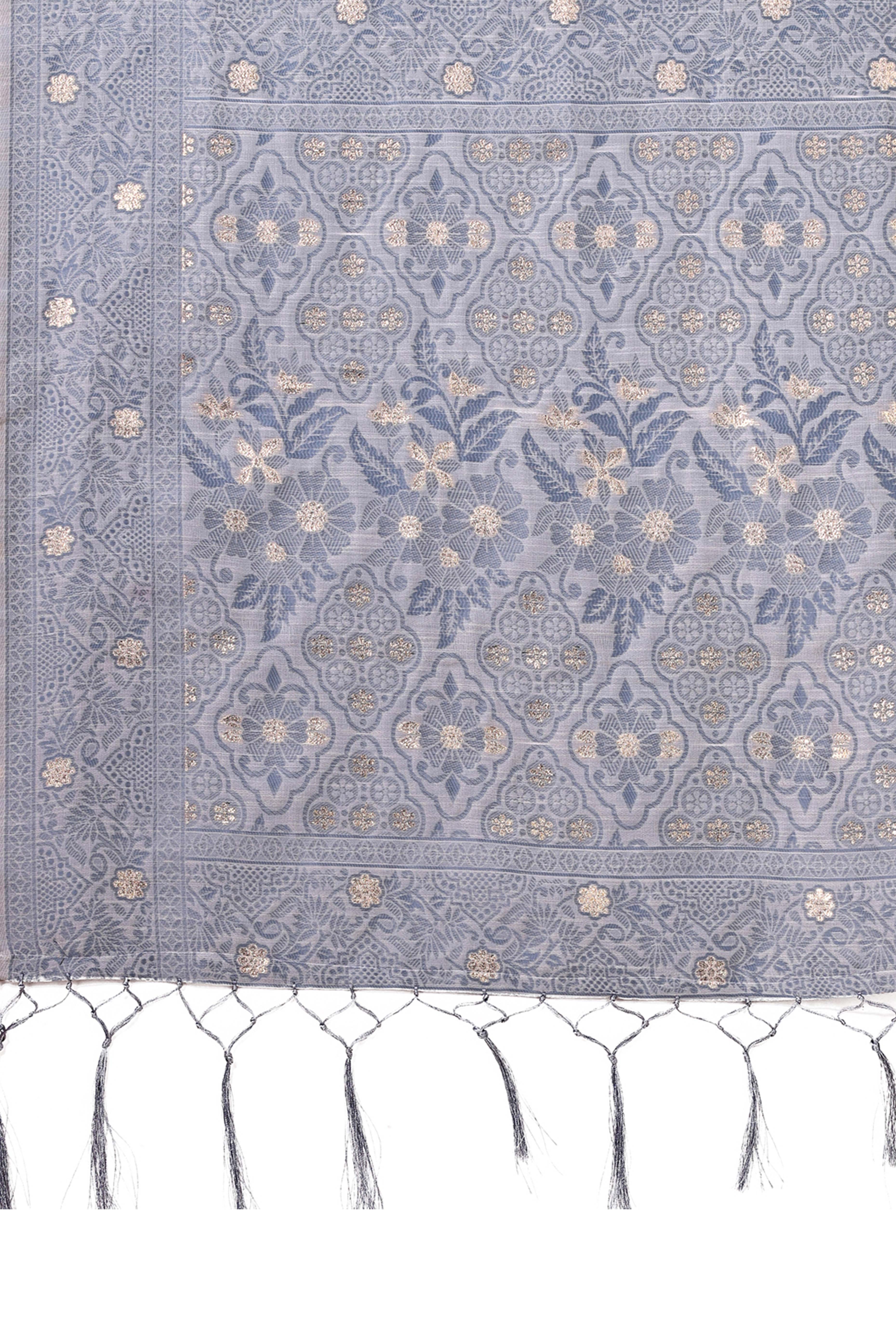 Grey Floral Zari Woven Cotton Blend Saree With Delicate Tassel Detailing