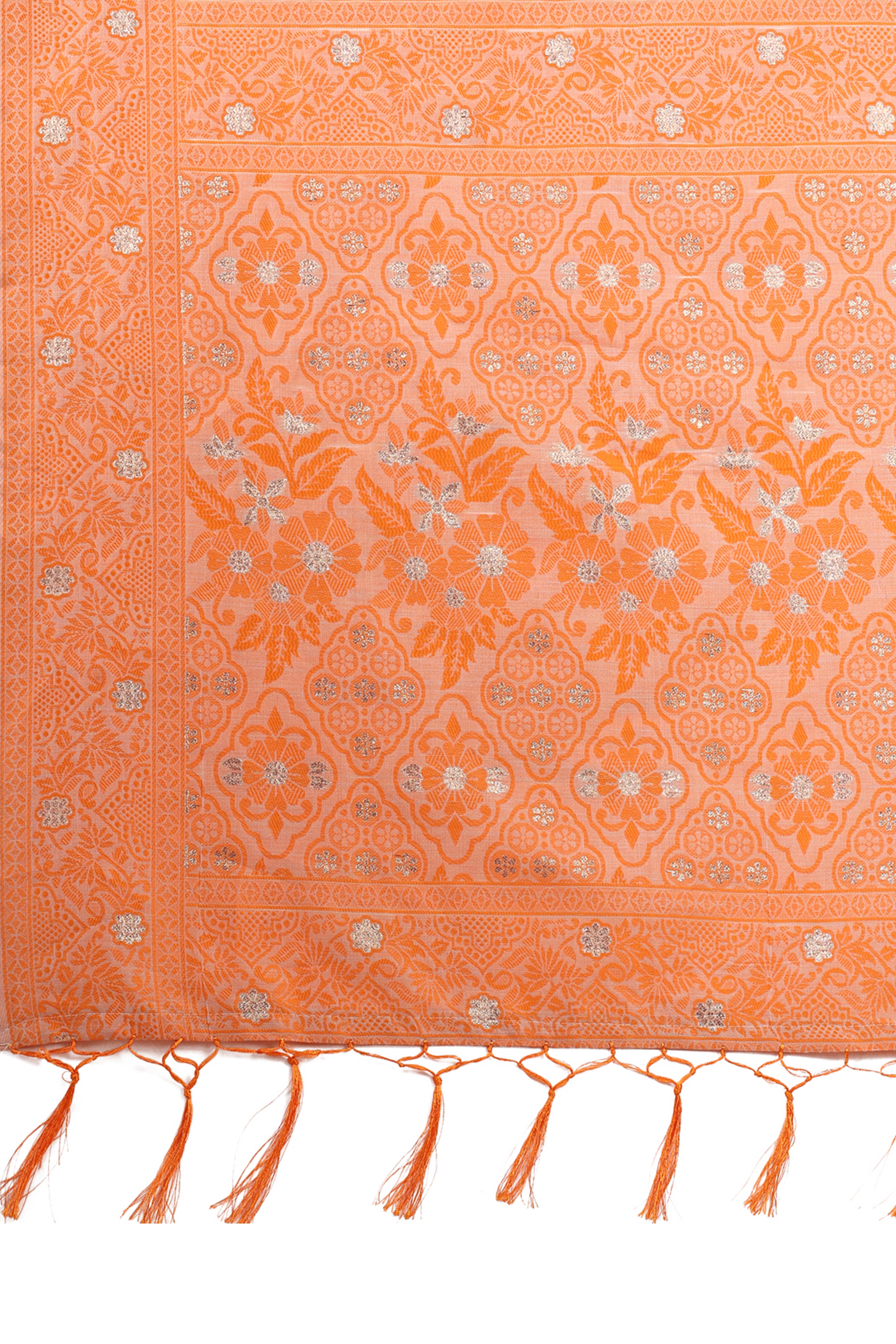 Orange Floral Zari Woven Cotton Blend Saree With Delicate Tassel Detailing