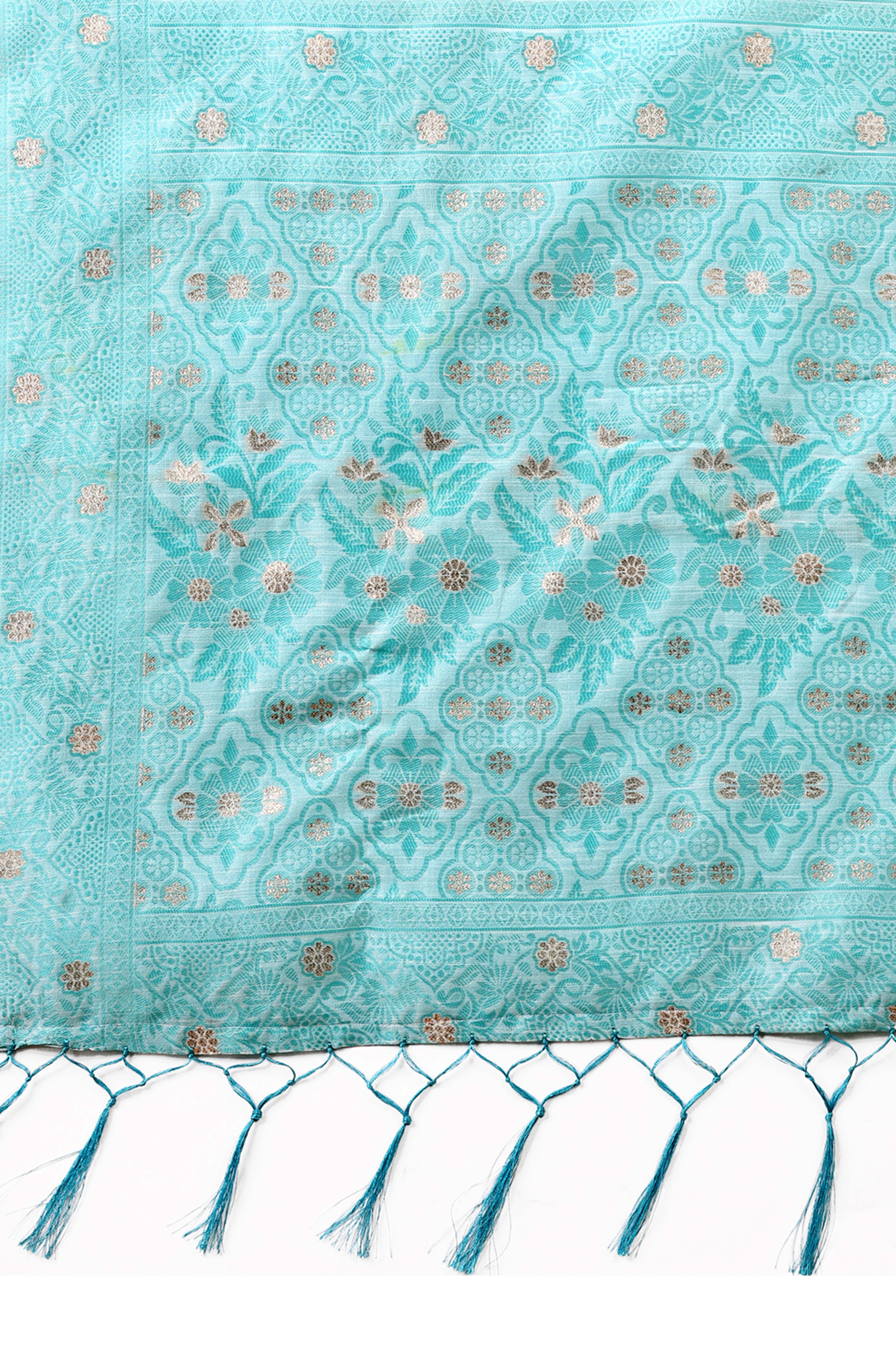Blue Floral Zari Woven Cotton Blend Saree With Delicate Tassel Detailing