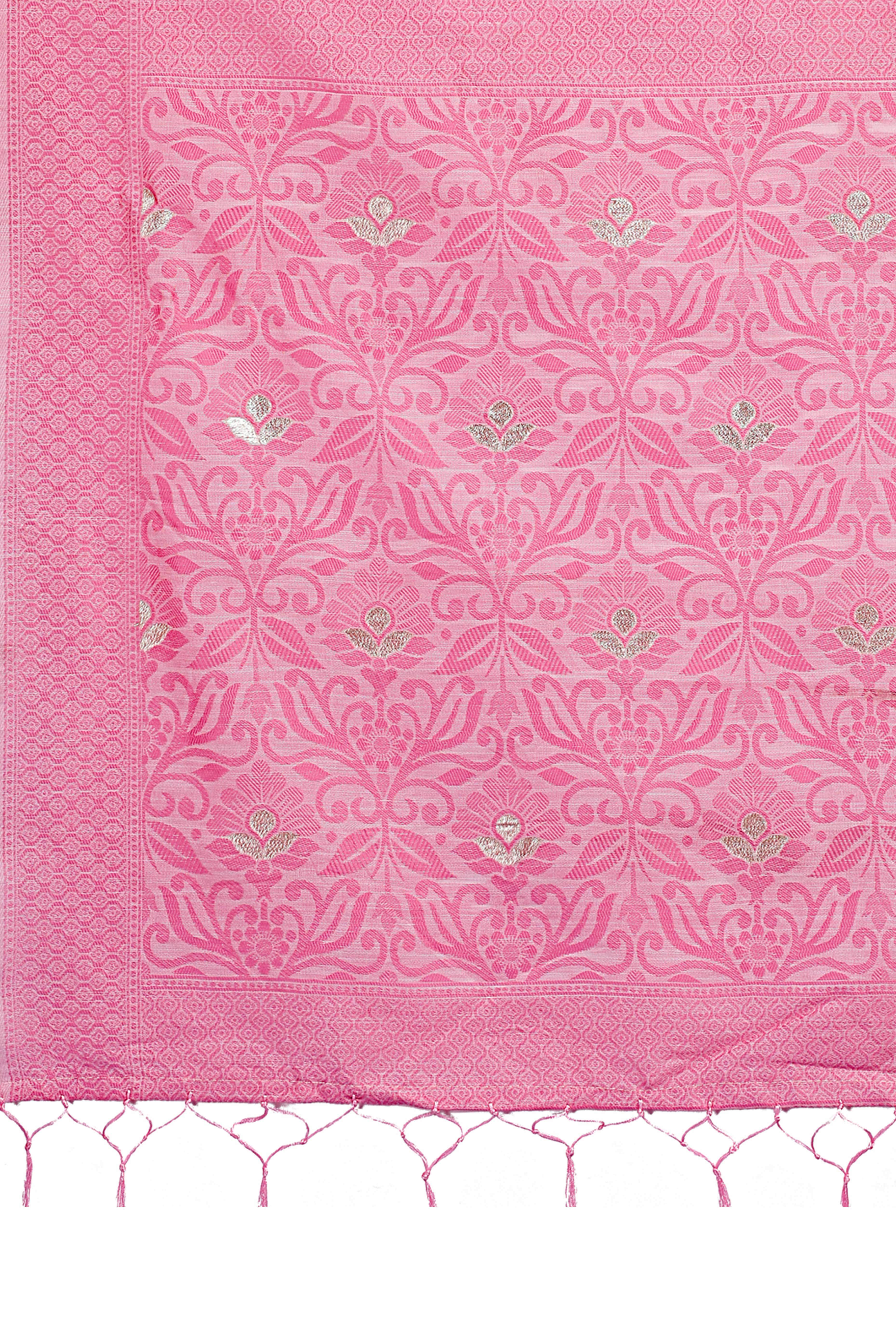Light Pink Floral Pattern Woven Saree in a Soft Cotton Blend with Tasseled Edges