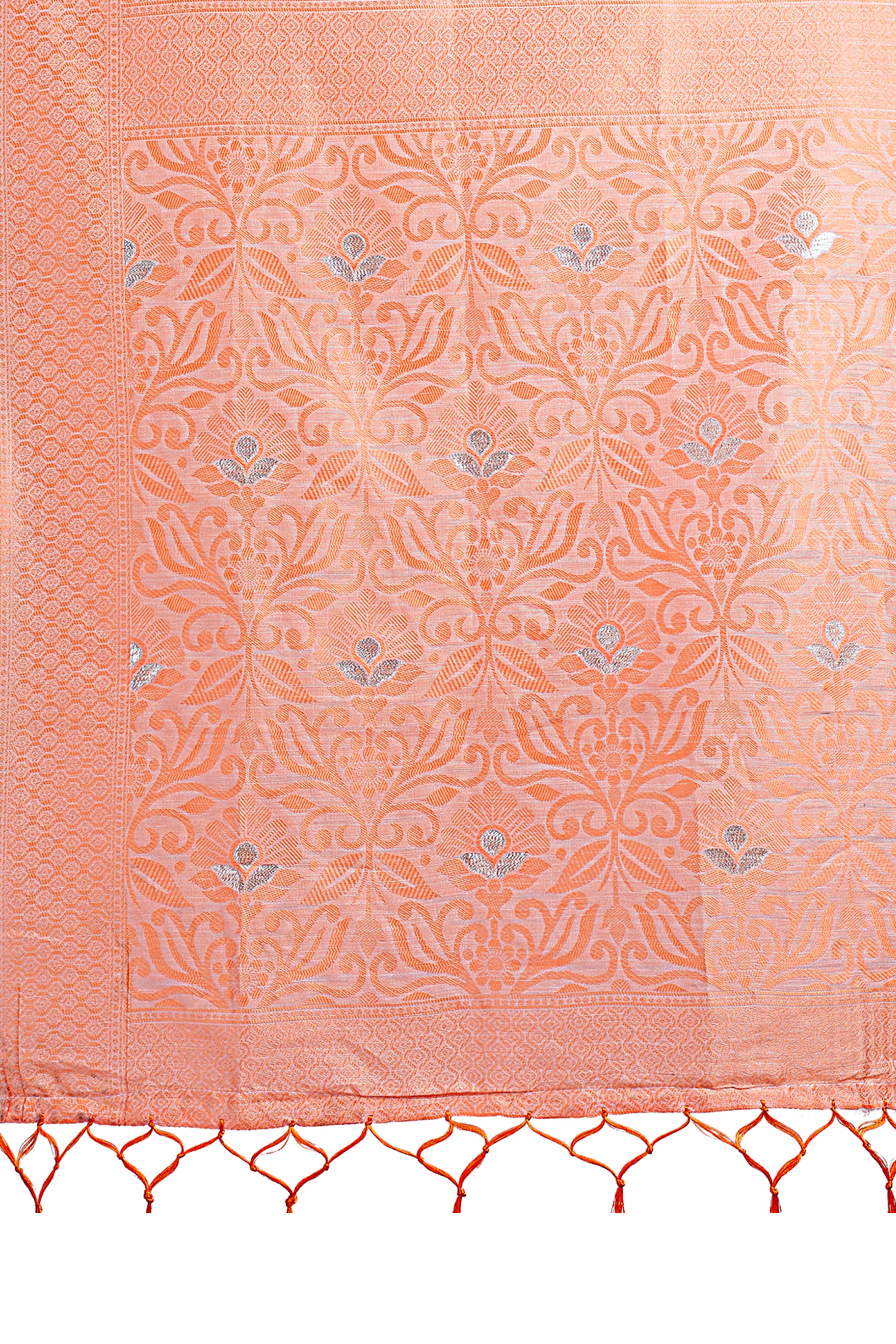 Peach Floral Pattern Woven Saree in a Soft Cotton Blend with Tasseled Edges