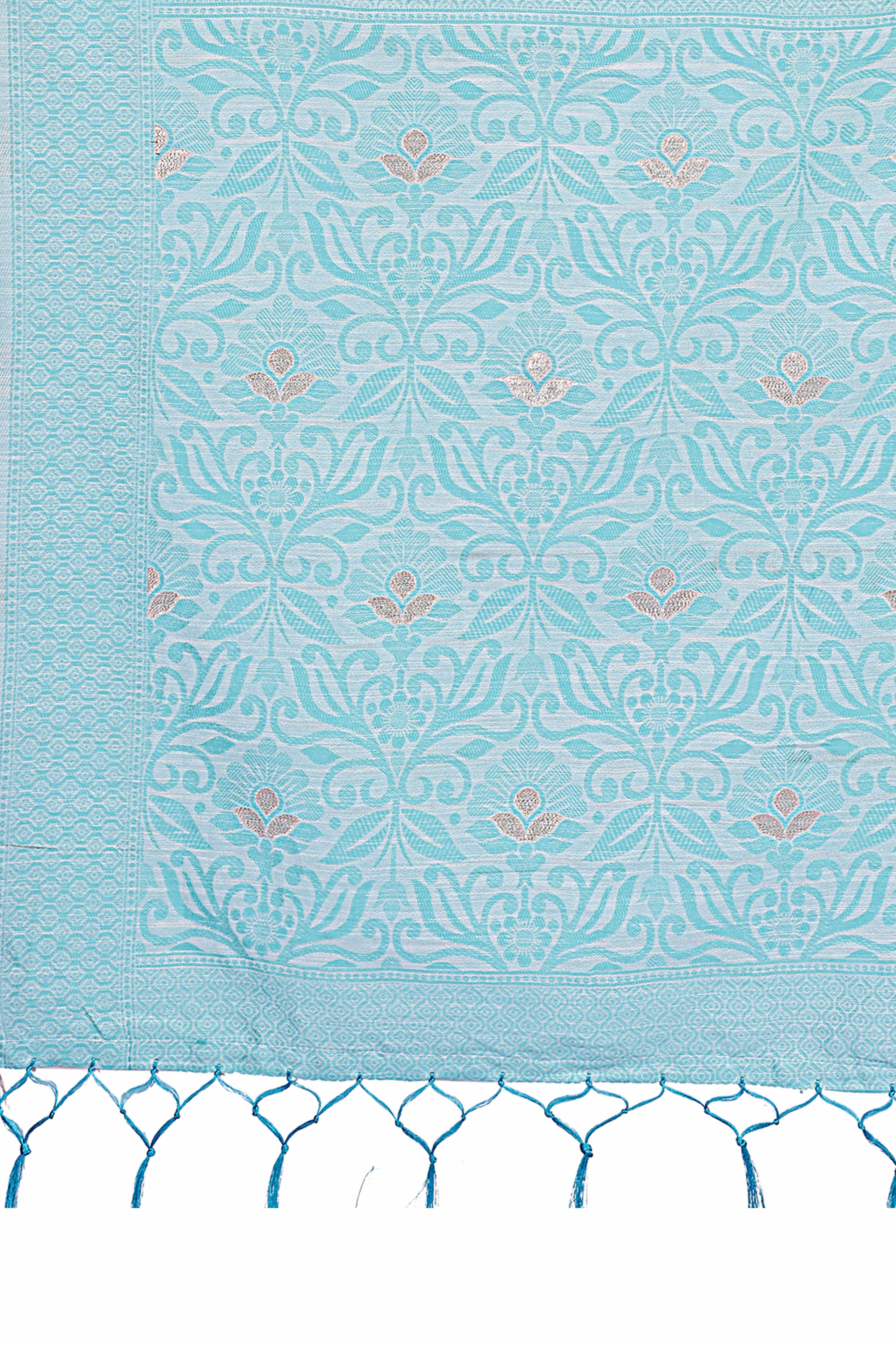 Sky Blue Floral Pattern Woven Saree in a Soft Cotton Blend with Tasseled Edges