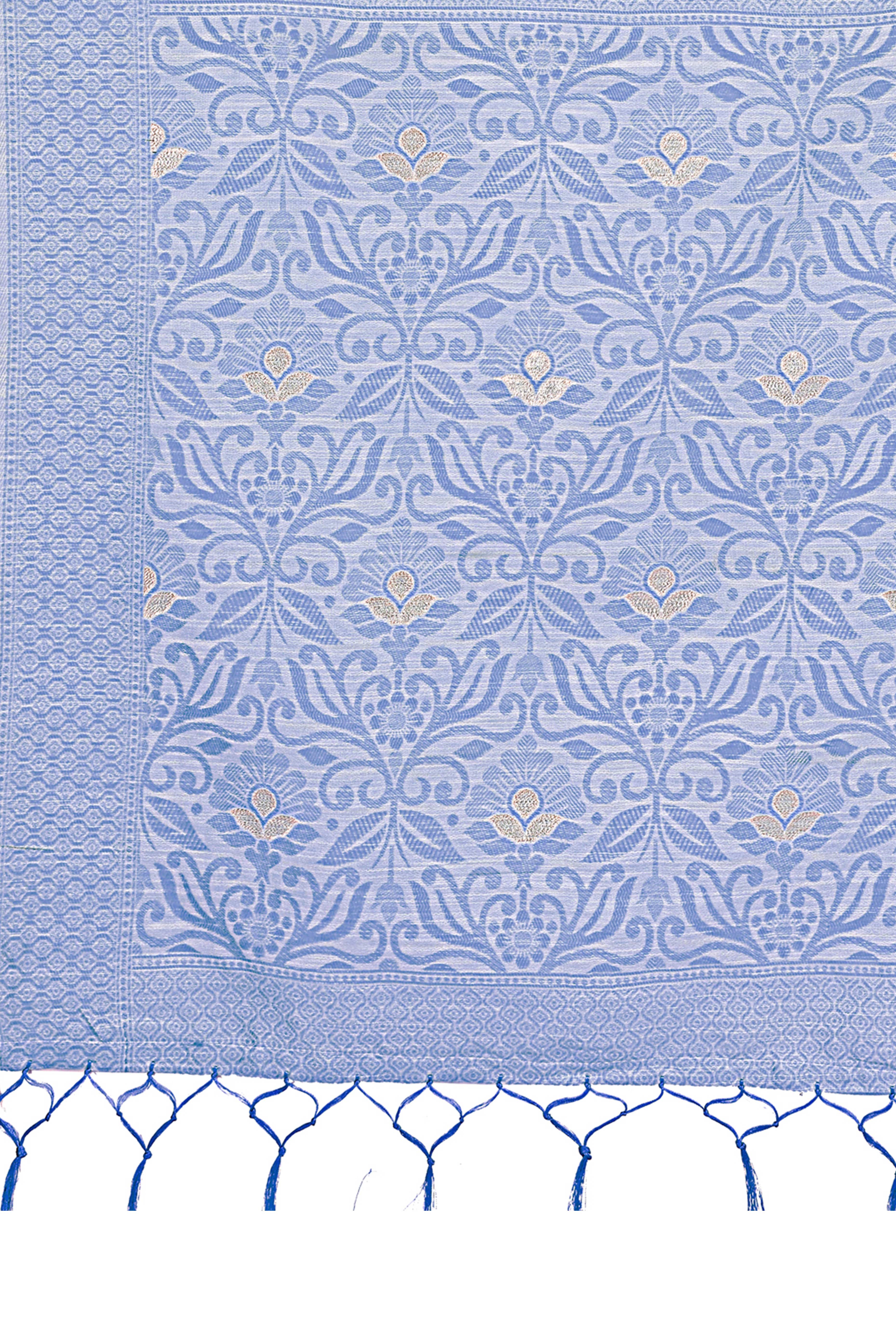 Grey Floral Pattern Woven Saree in a Soft Cotton Blend with Tasseled Edges