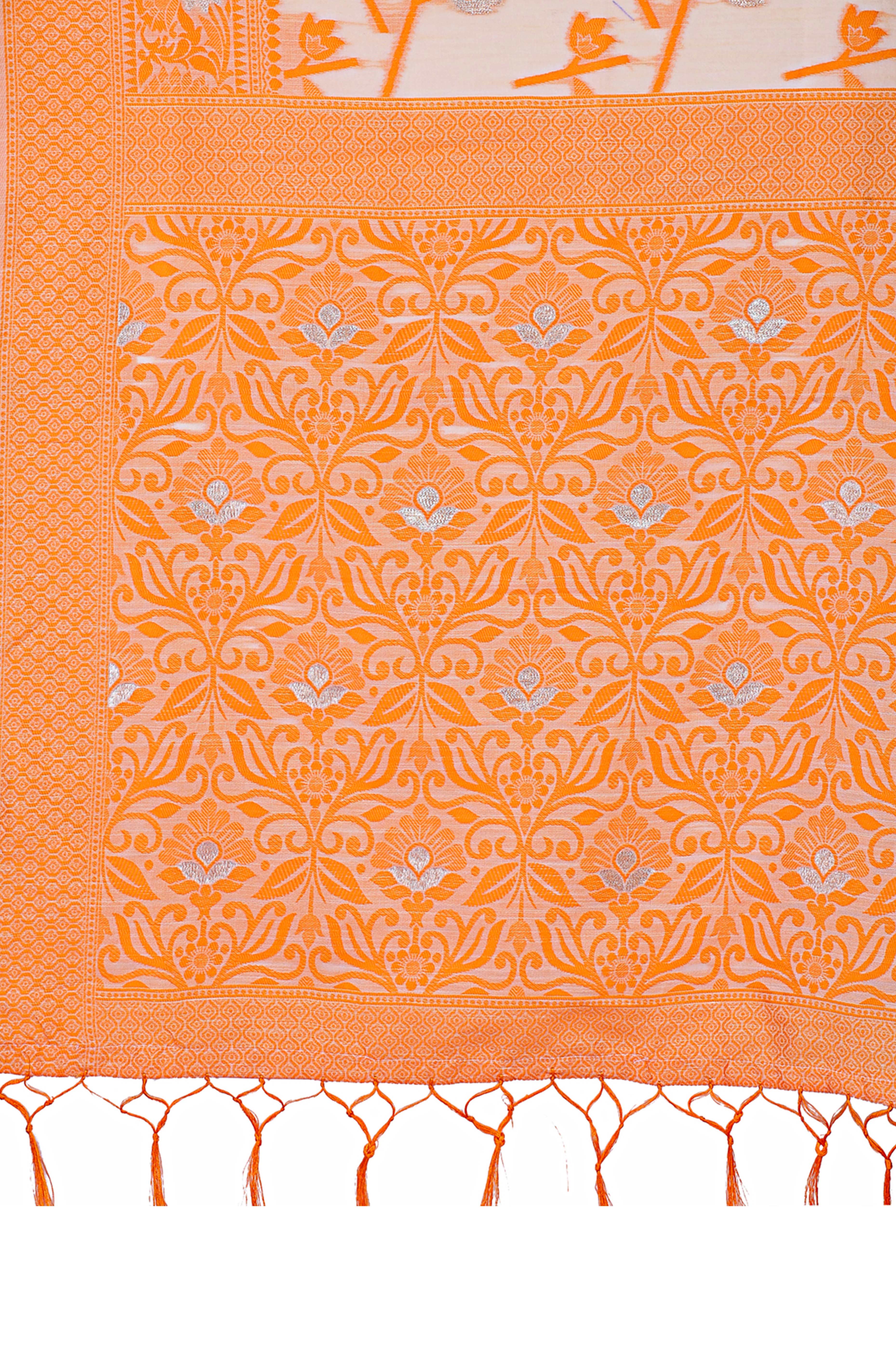 Orange Floral Pattern Woven Saree in a Soft Cotton Blend with Tasseled Edges