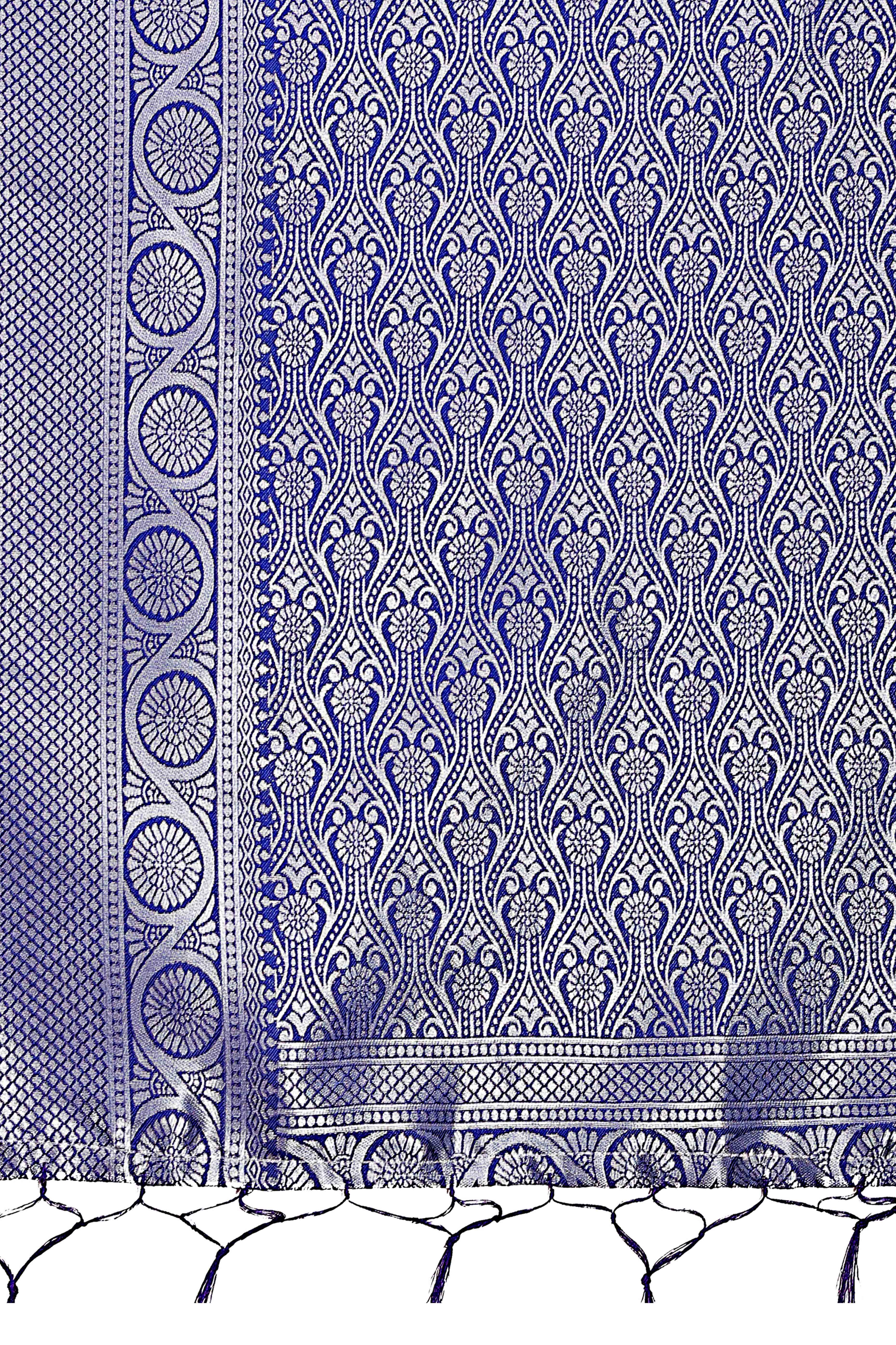 Sky Blue Floral Zari Weaving Lichi Cotton Silk Saree With Tassel Border