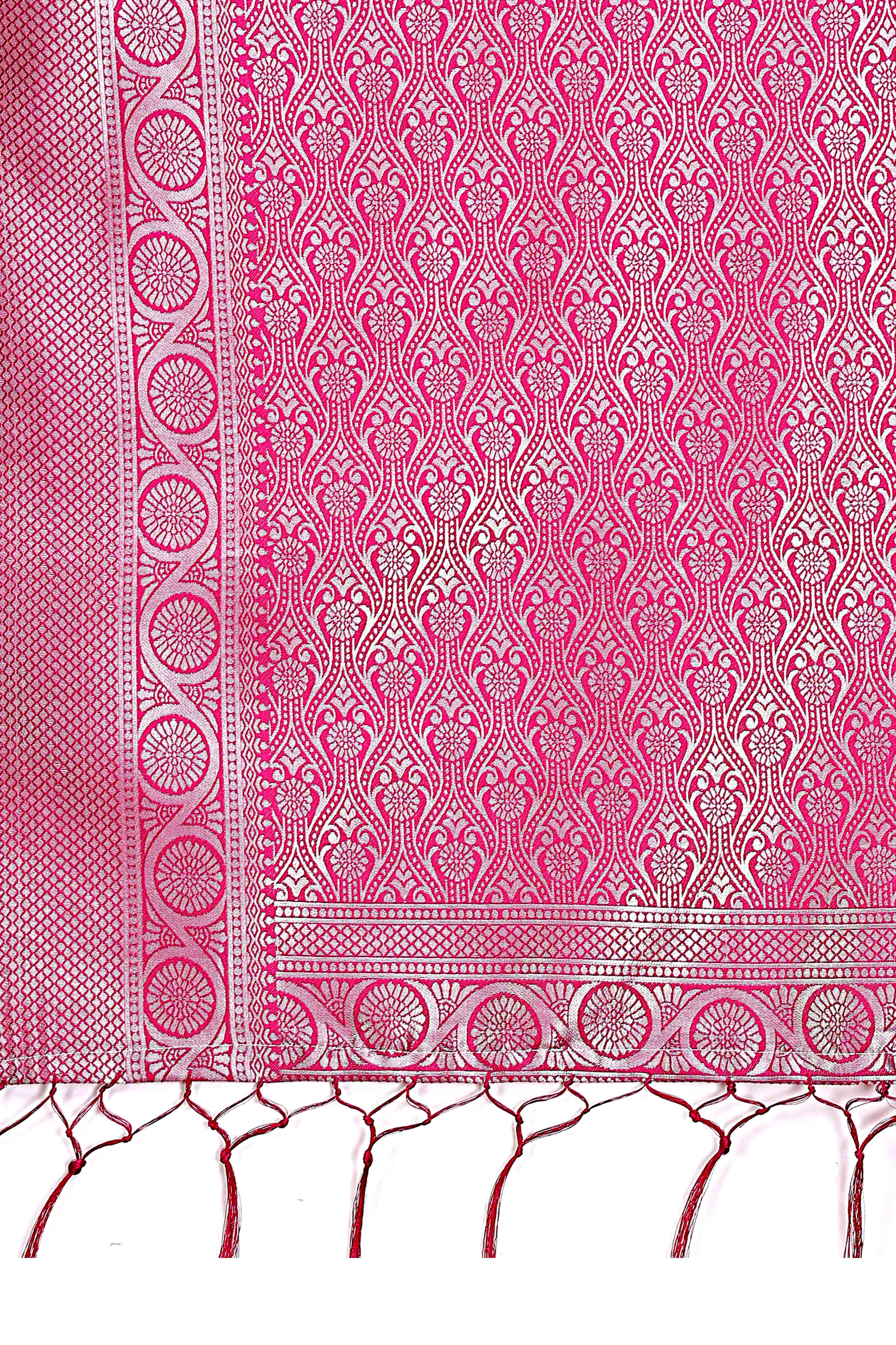 Light Pink Floral Zari Weaving Lichi Cotton Silk Saree With Tassel Border