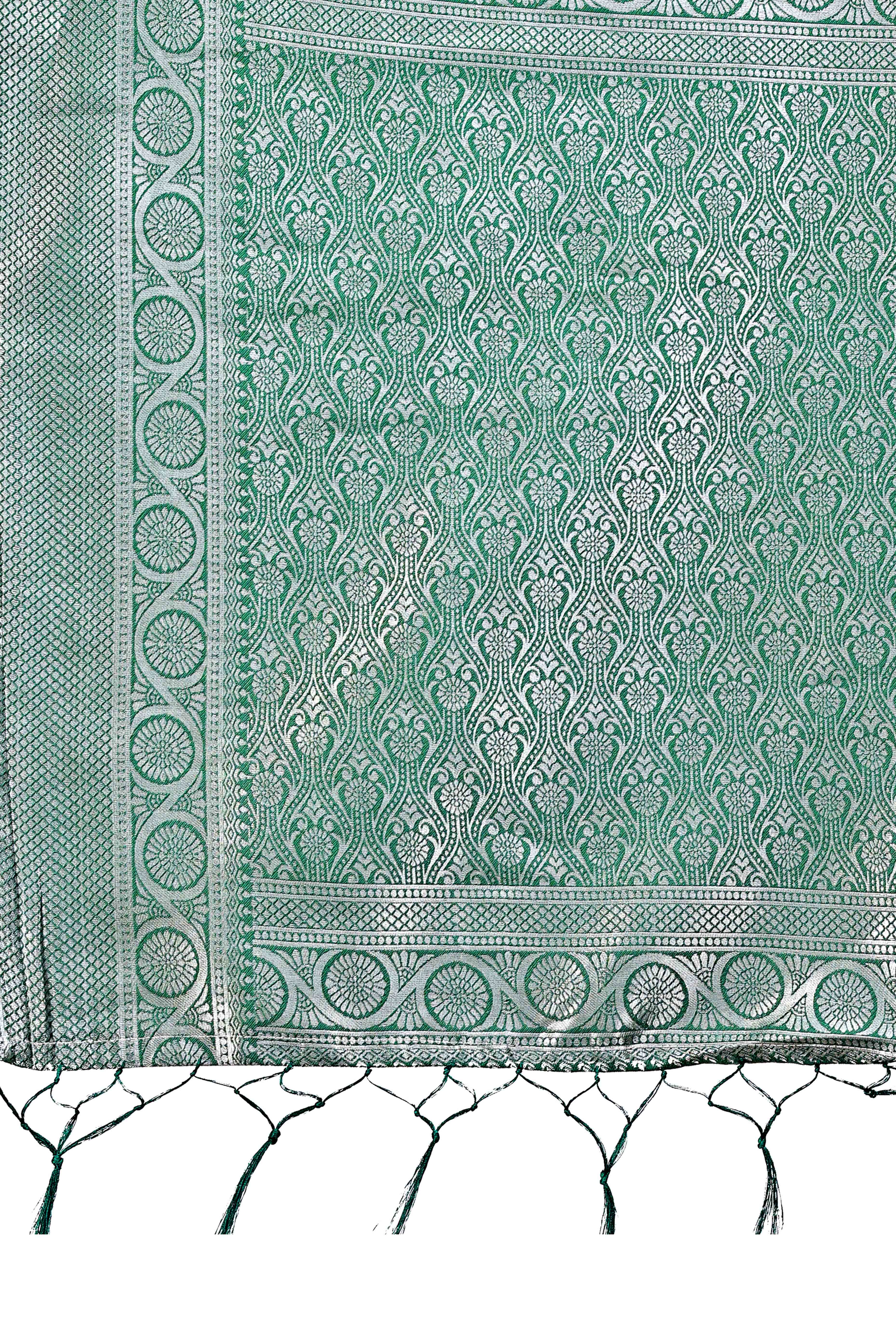 Cream Floral Zari Weaving Lichi Cotton Silk Saree With Tassel Border