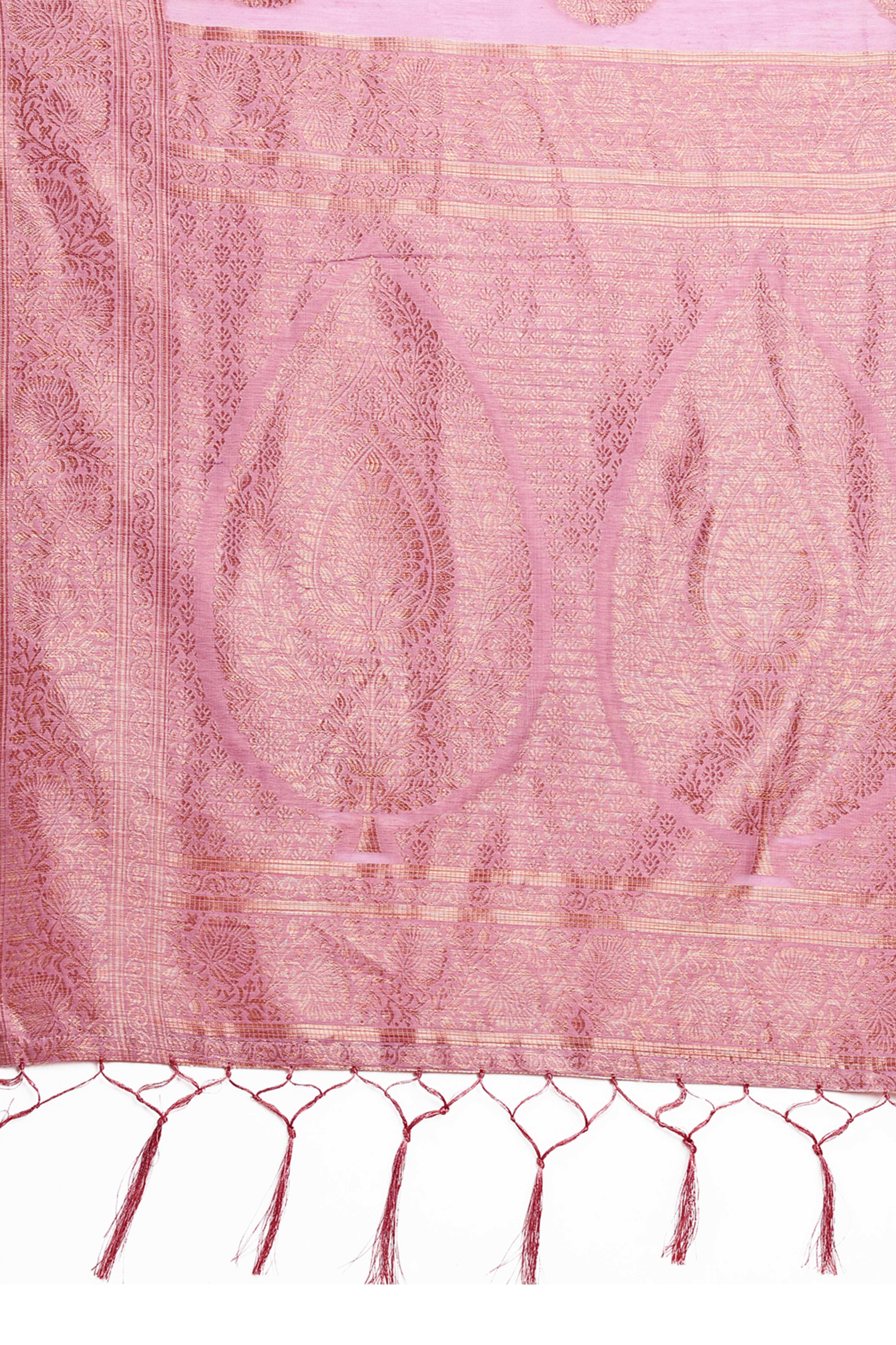 Lavender Cotton Blend Saree With Intricate Floral Zari Weaving & Elegant Tassel Accents