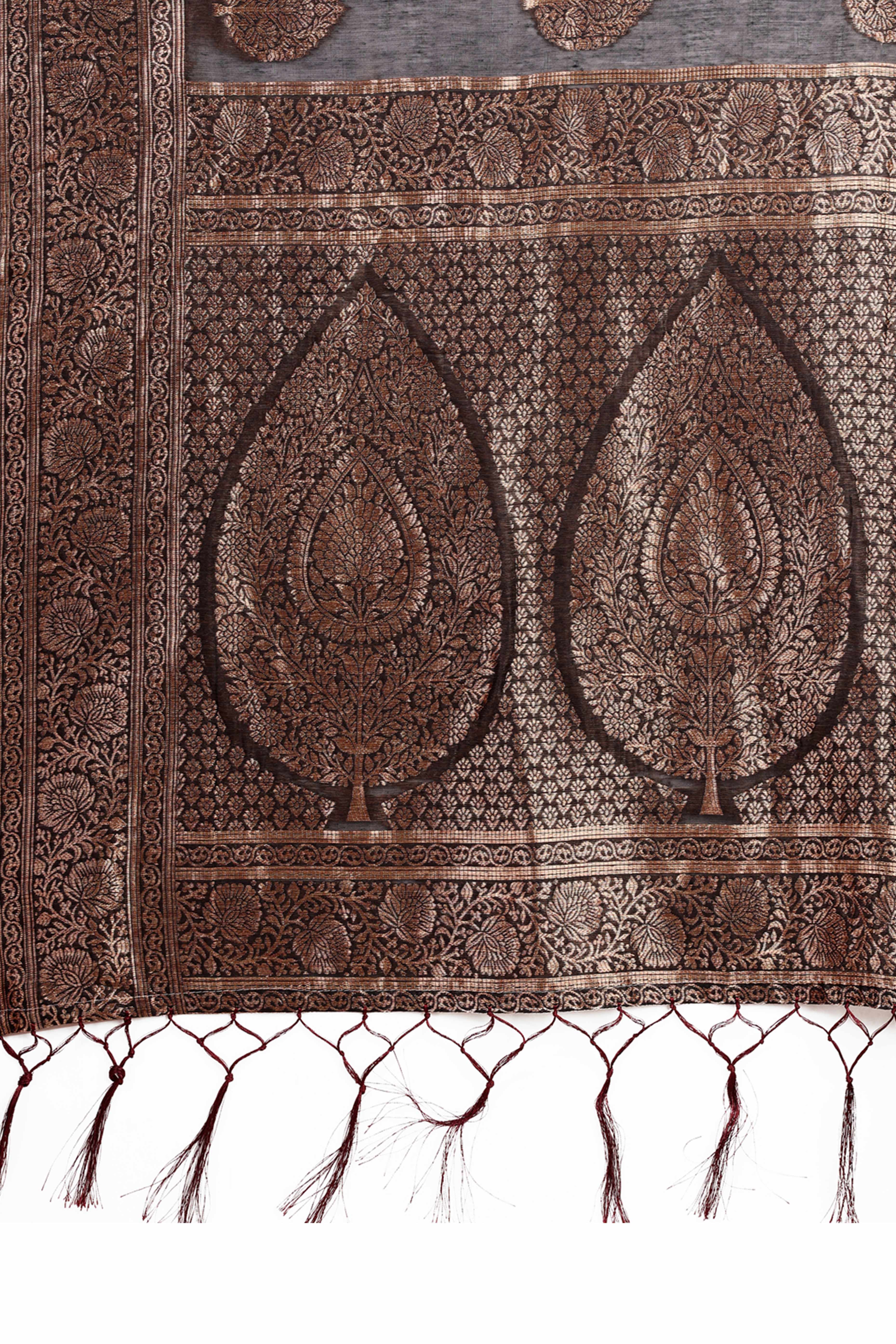 Black Cotton Blend Saree With Intricate Floral Zari Weaving & Elegant Tassel Accents