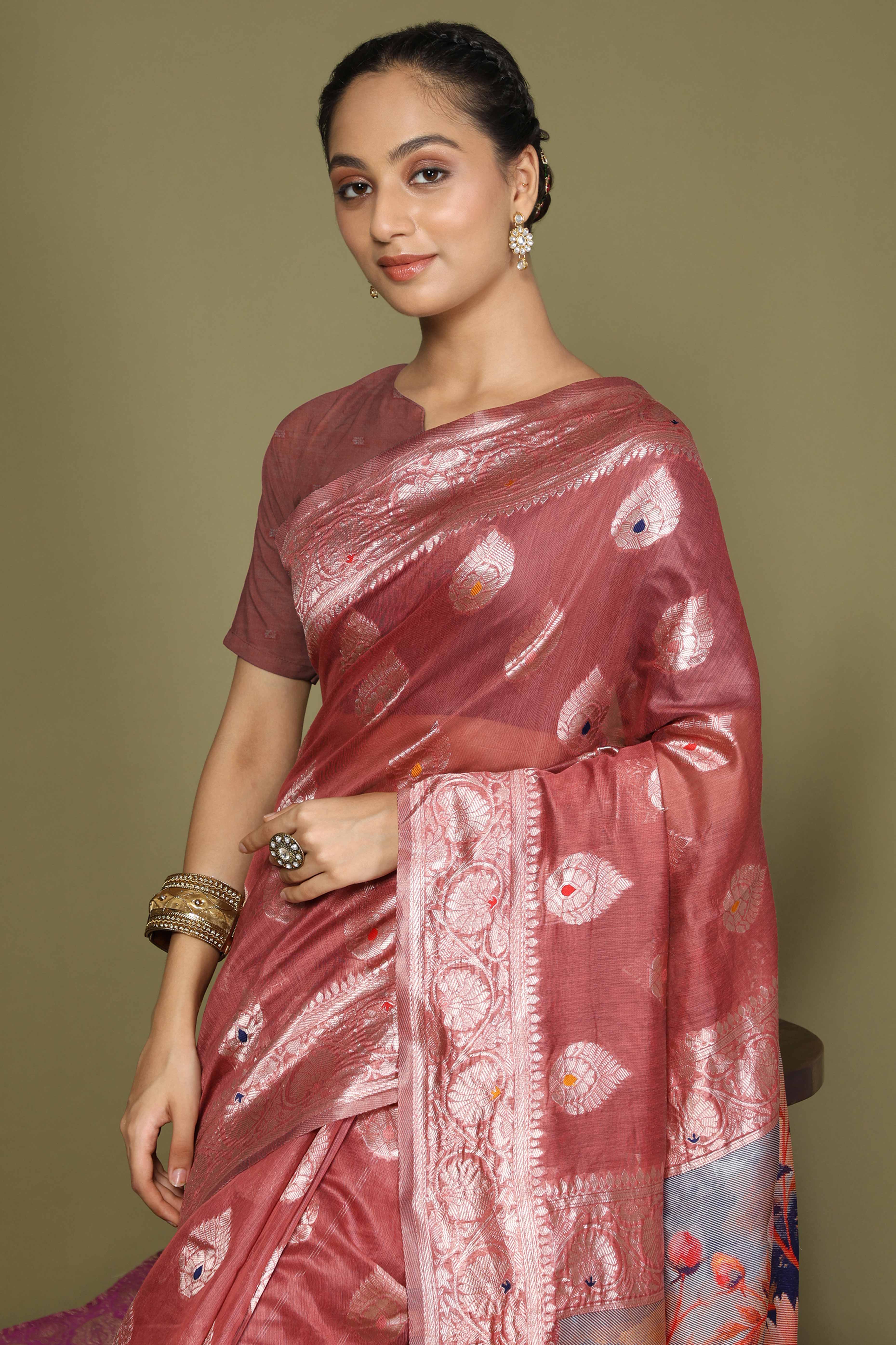 Rust Saree In Linen Cotton Featuring Floral Zari Weaving & Digital Printed Pallu