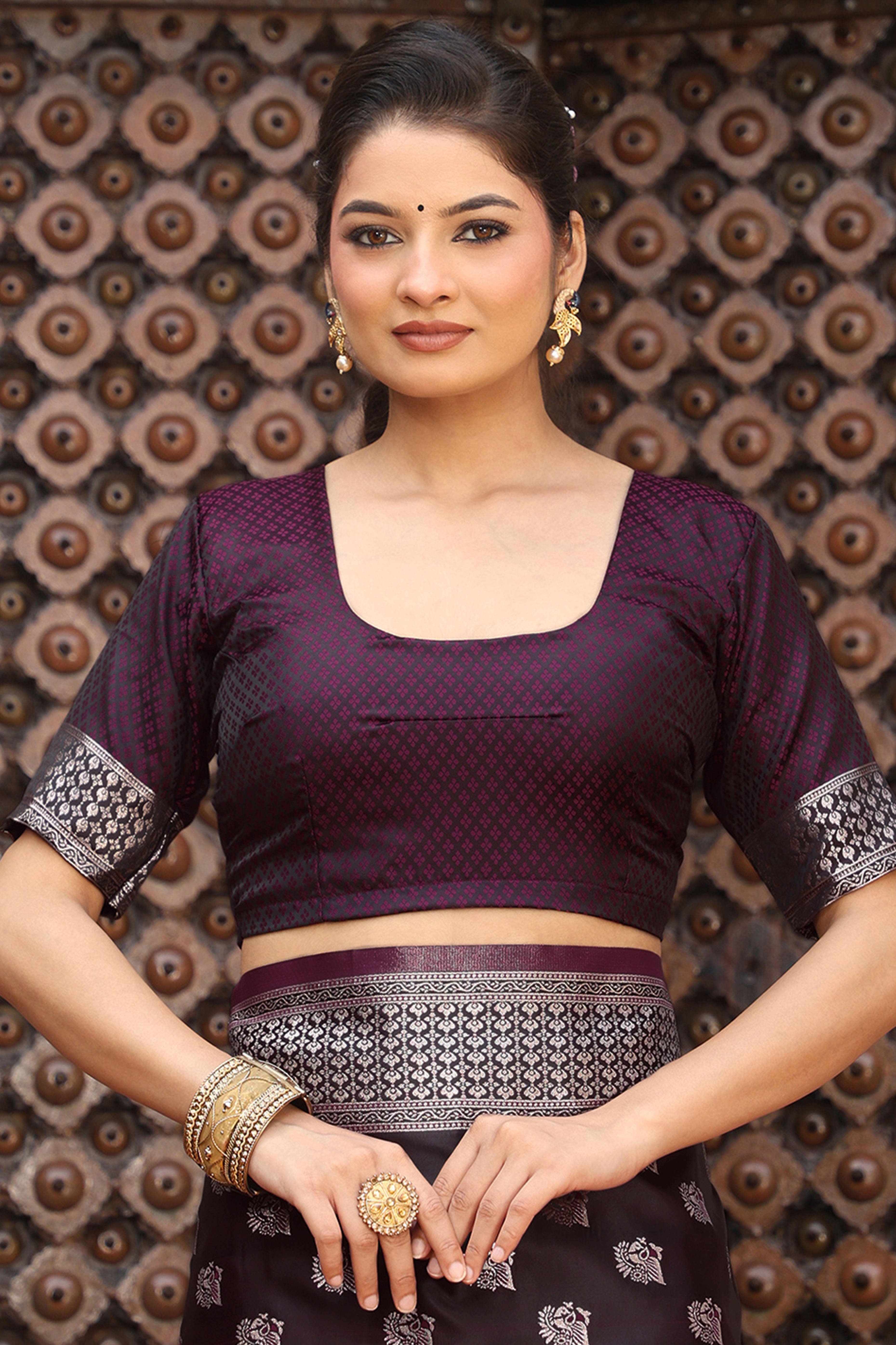 Designer Wine Saree Showcasing Peacock & Floral Zari Weaving With Handmade Tassel Pallu