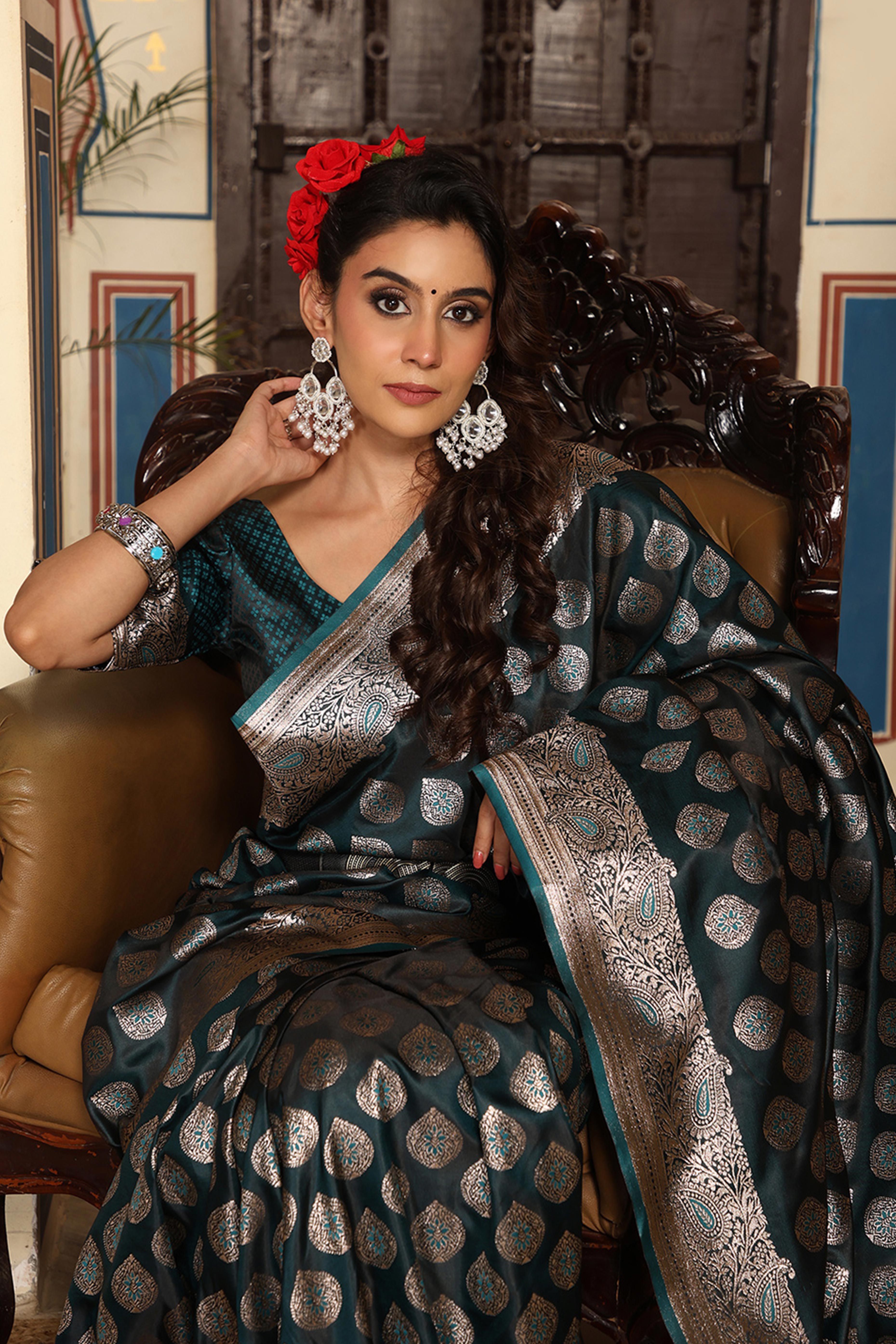 Festive Morpich Green Saree in Silk Blend with Exquisite Zari Weaving Work