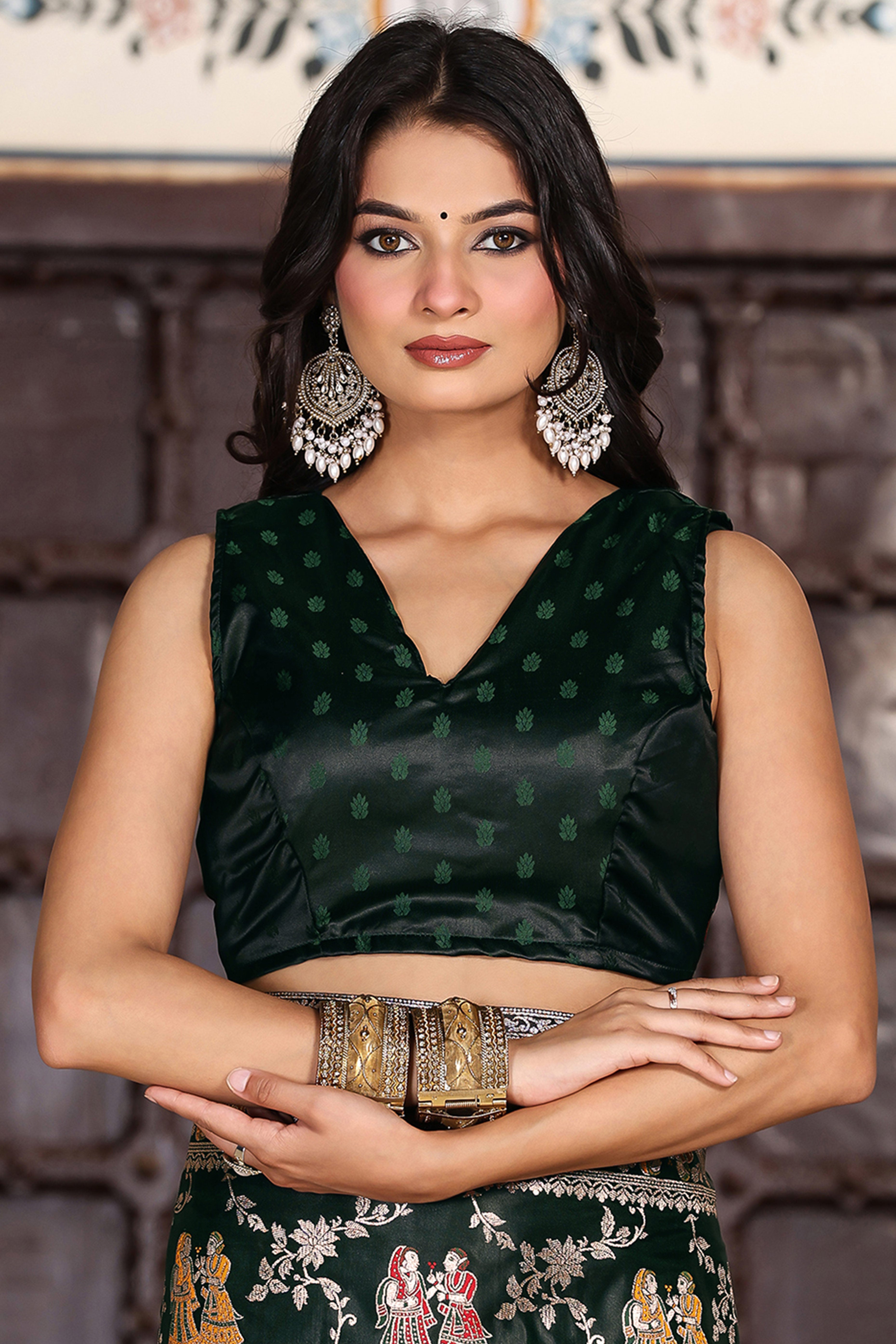 Luxurious Dark Green Silk Blend Saree With Intricate Floral Zari Weaving & Tassel Pallu