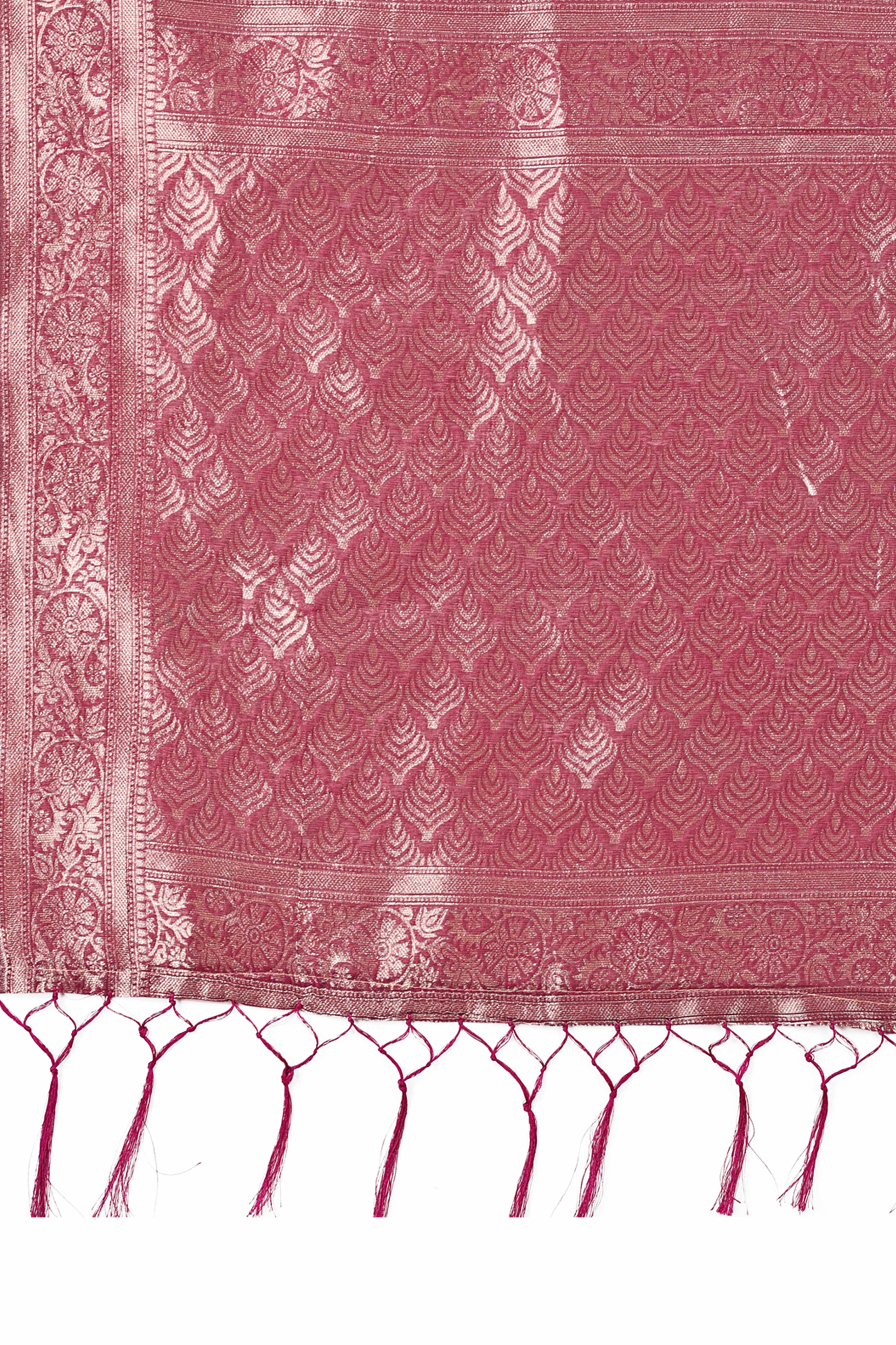 Wine Floral Zari Woven Cotton Blend Saree With Soft Tassel Edging