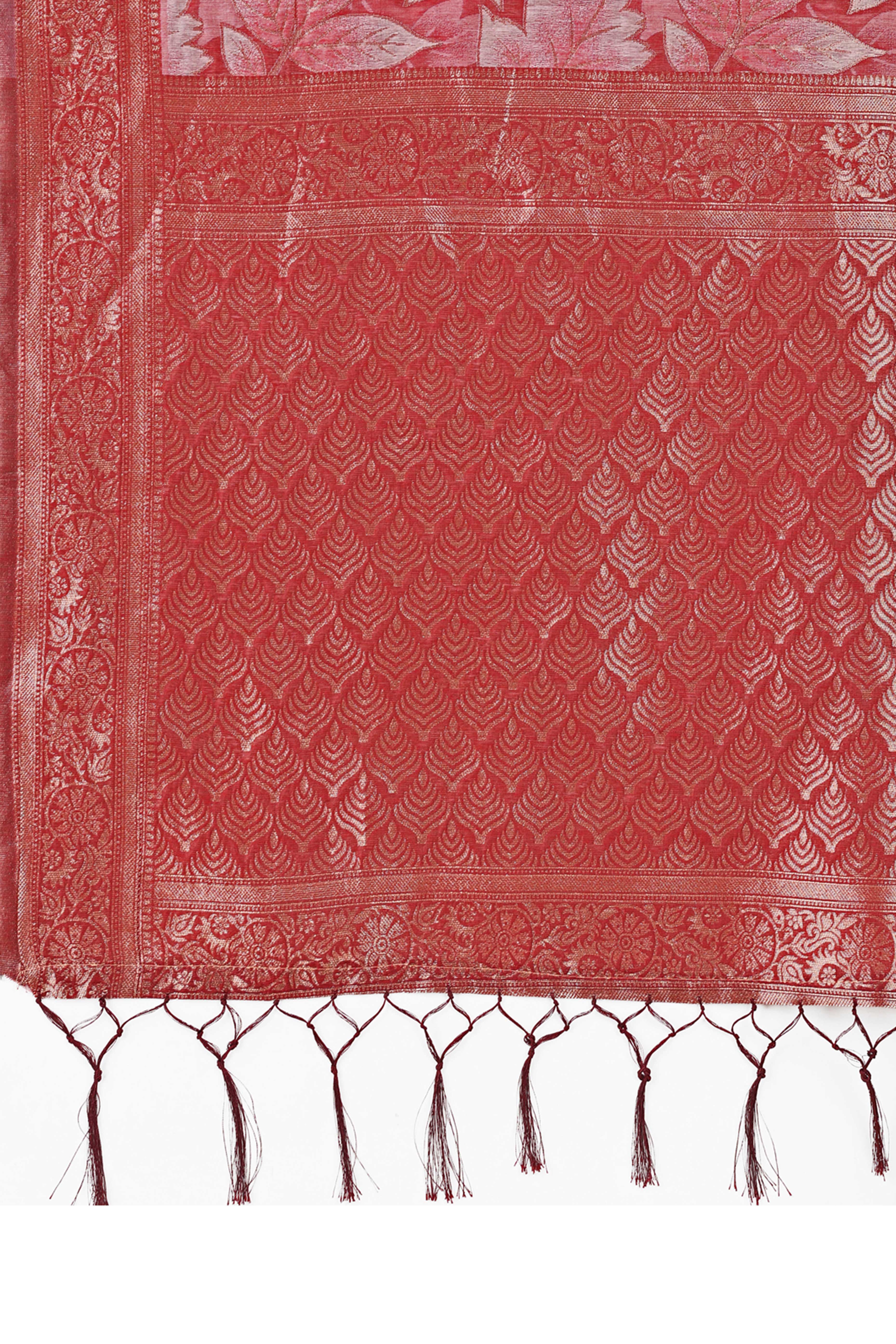 Red Floral Zari Woven Cotton Blend Saree With Soft Tassel Edging