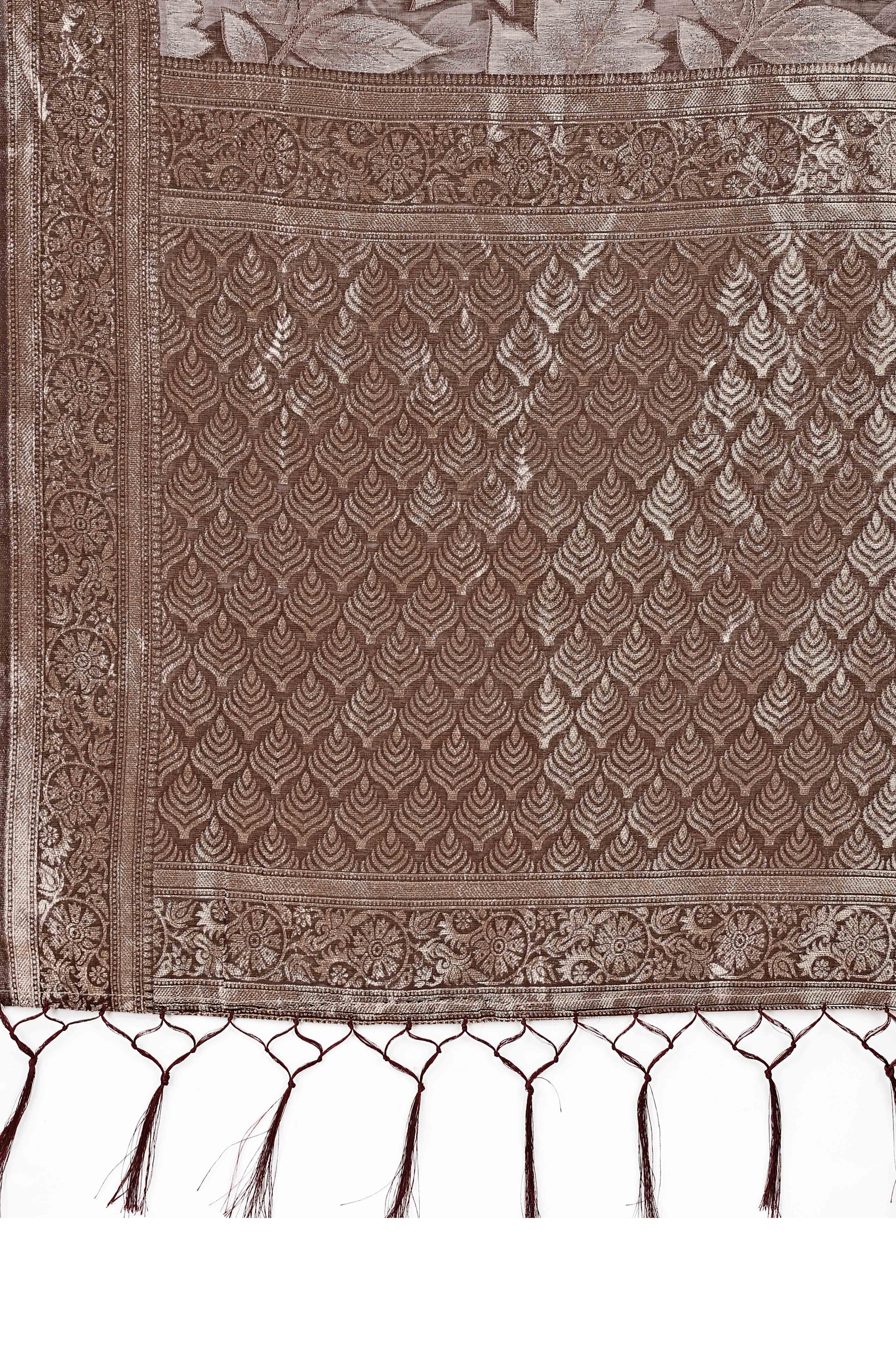 Brown Floral Zari Woven Cotton Blend Saree With Soft Tassel Edging