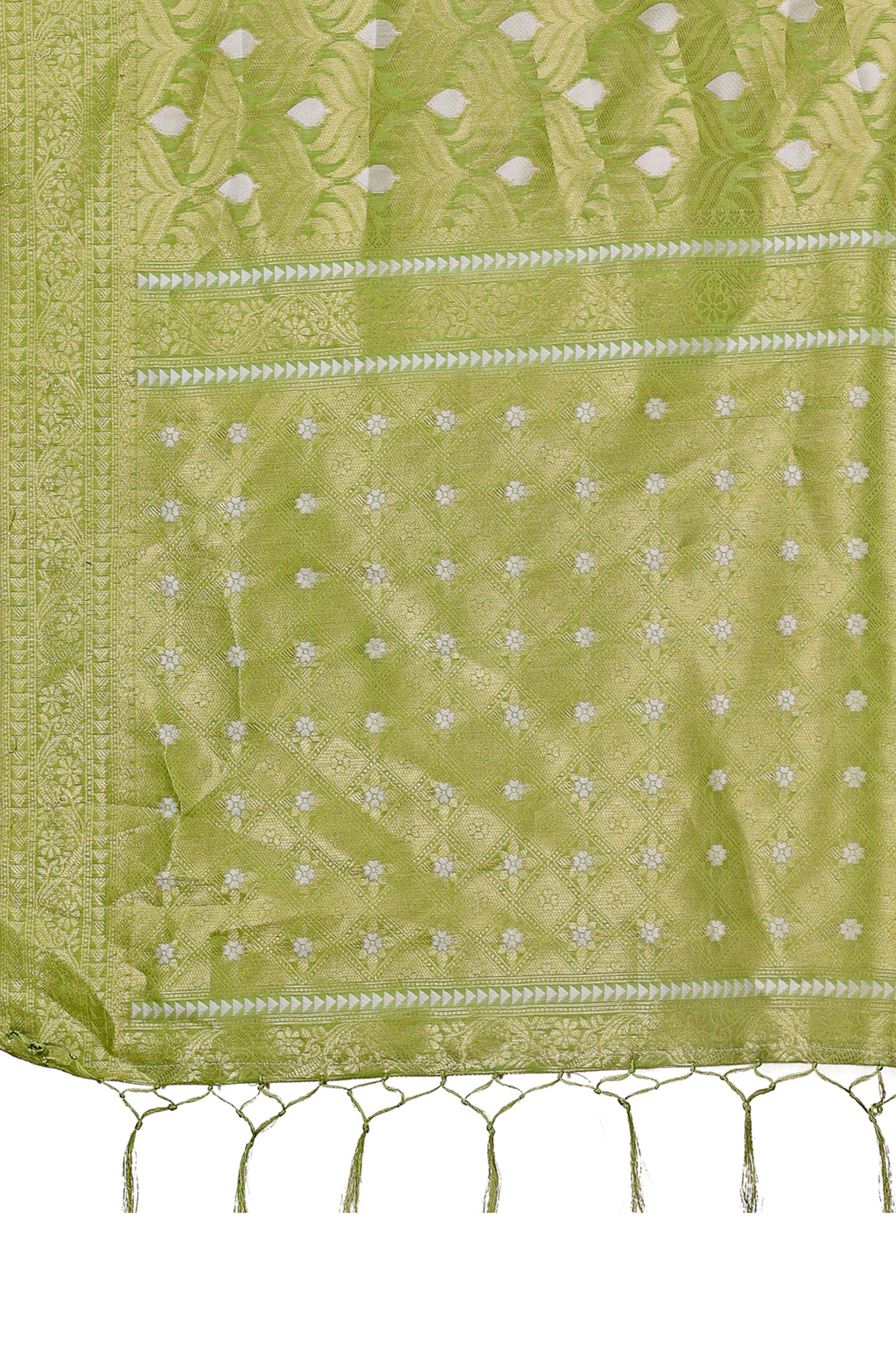 Green Zari Work Cotton Silk Saree Finished with Luxe Tassels
