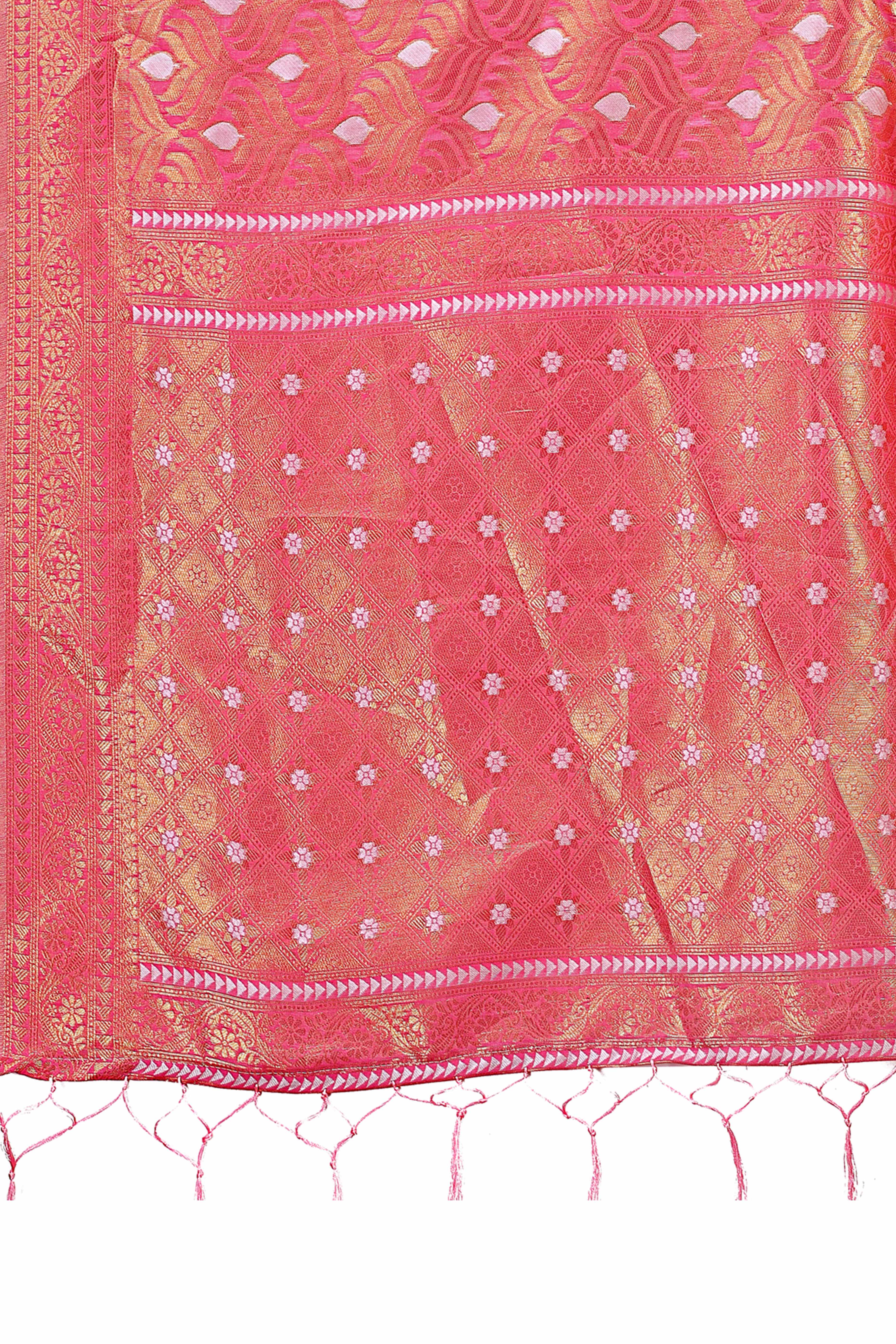 Pink Zari Work Cotton Silk Saree Finished with Luxe Tassels