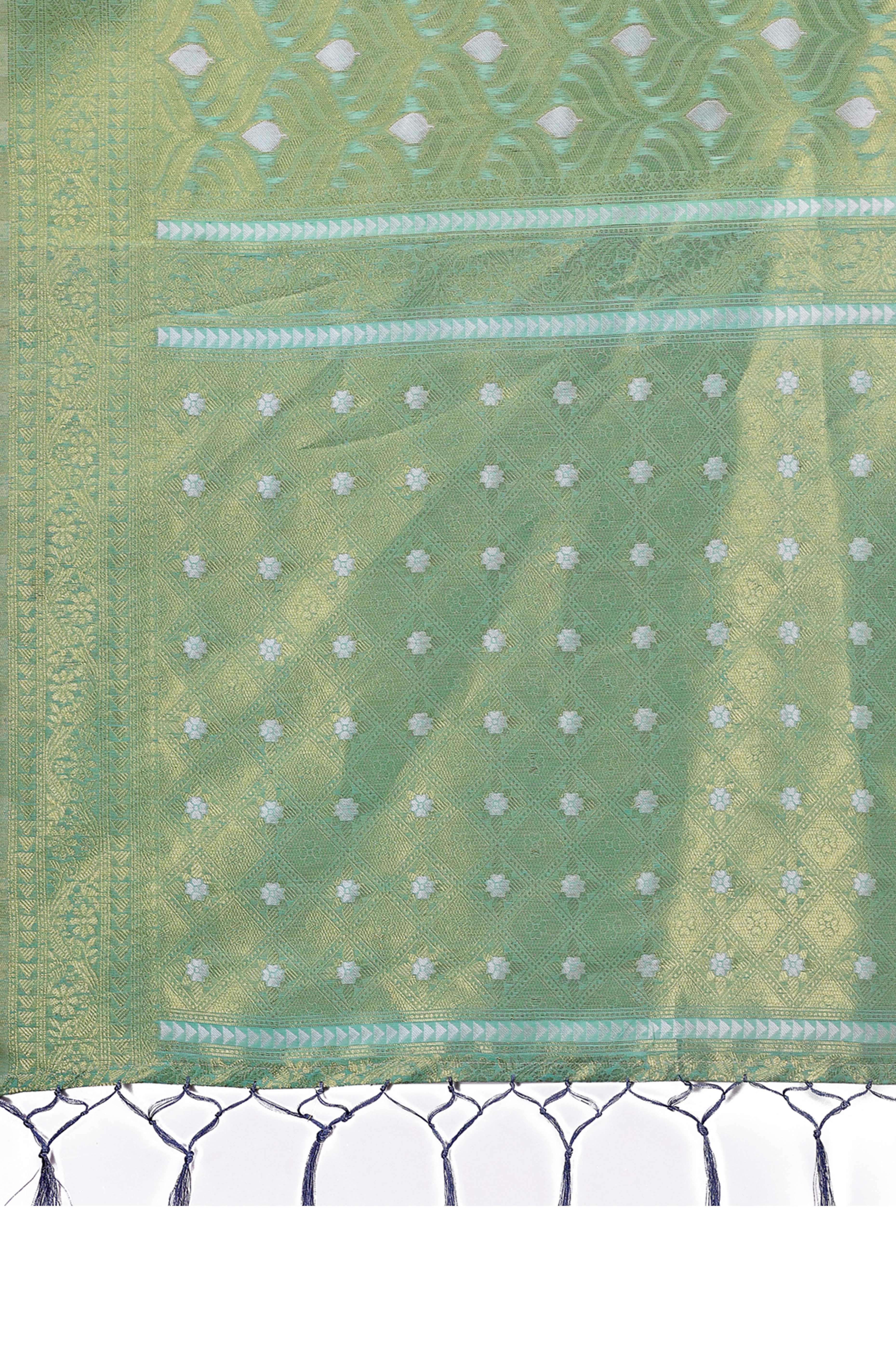 Sea Green Zari Work Cotton Silk Saree Finished with Luxe Tassels