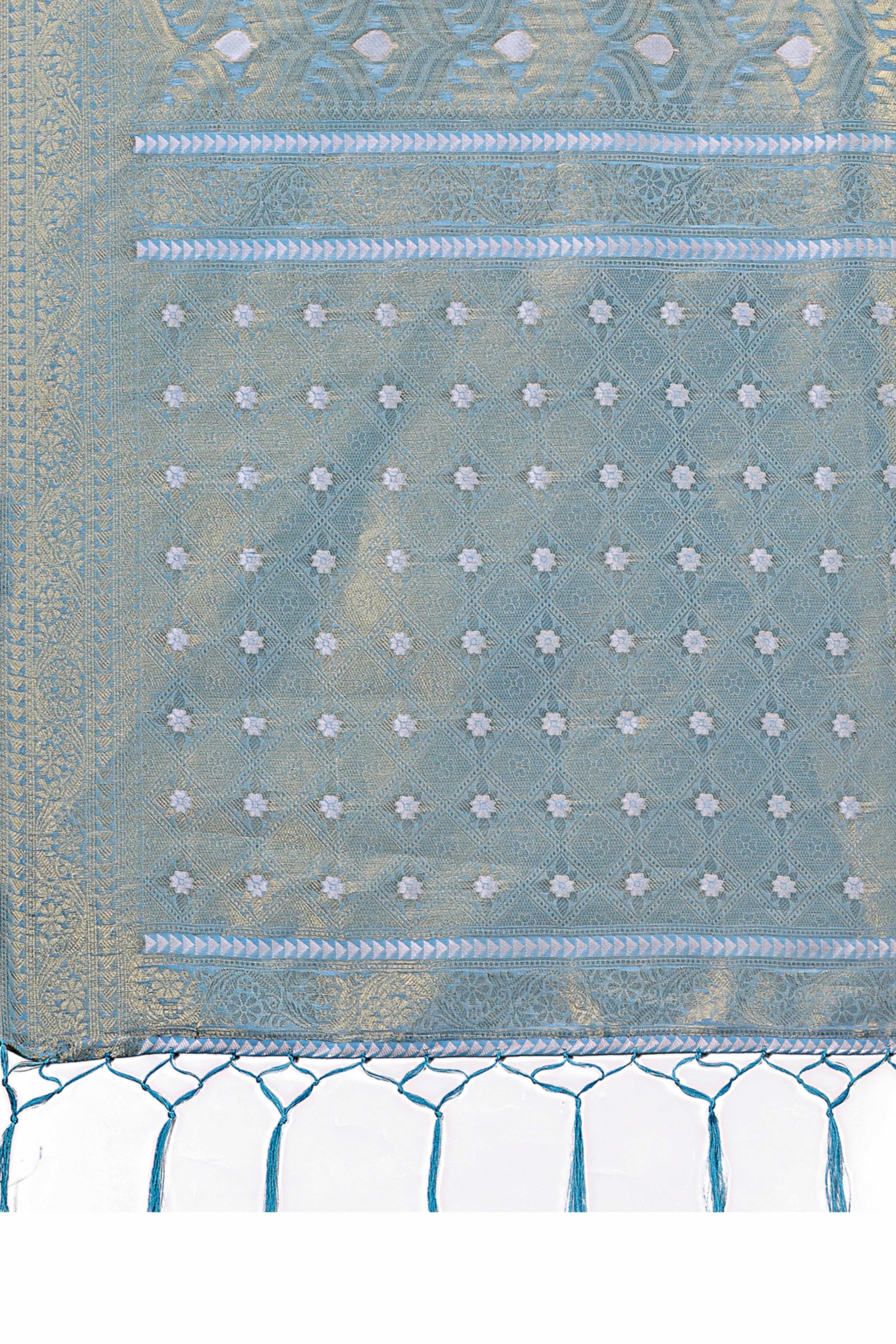 Sky Blue Zari Work Cotton Silk Saree Finished with Luxe Tassels