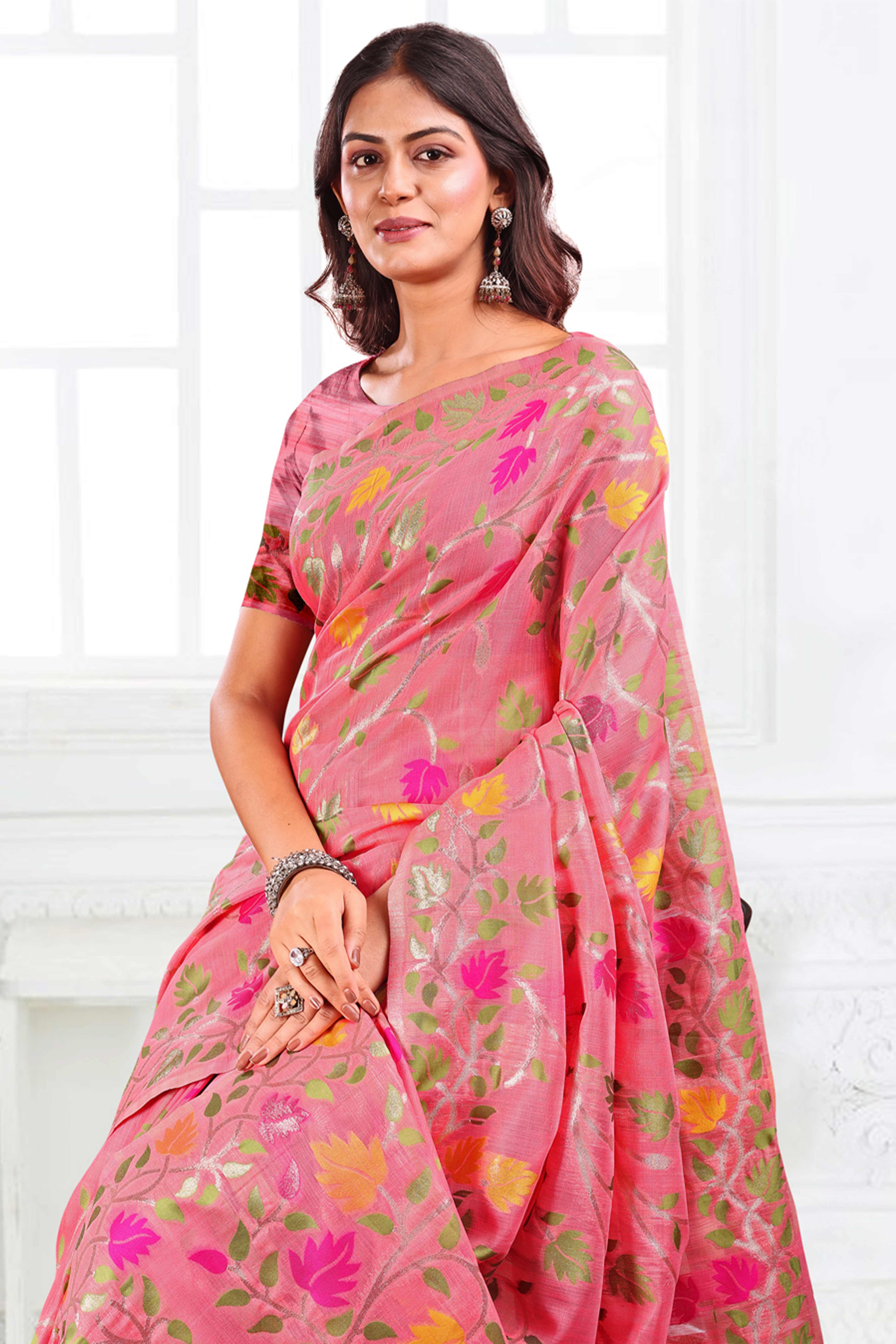 Pink Linen Cotton Silk  Saree Enhanced With Floral Zari Weaving & Tasselled Pallu Finish