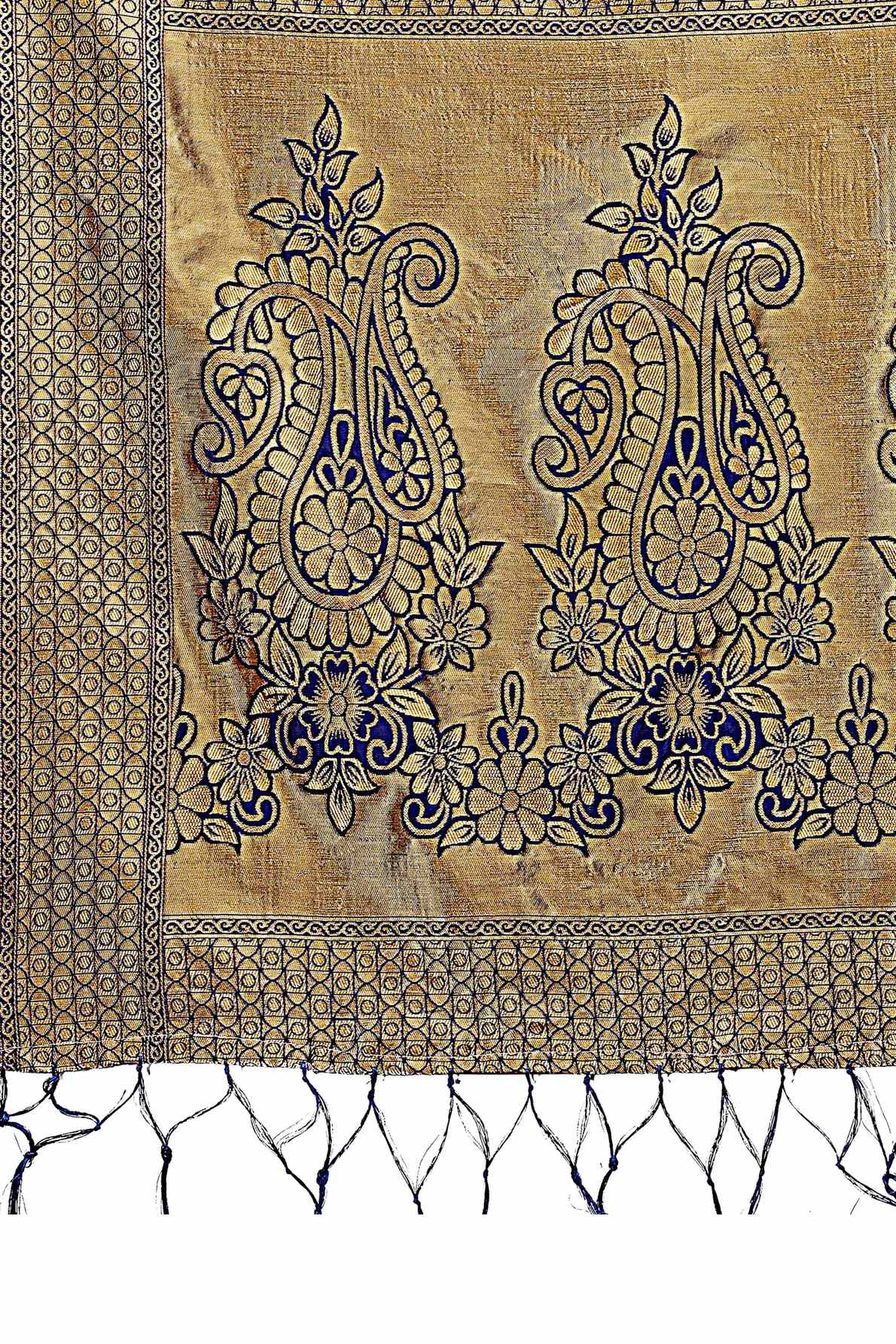 Navy Blue Lichi Banarasi Silk Saree With Floral Zari Work & Tassel Border