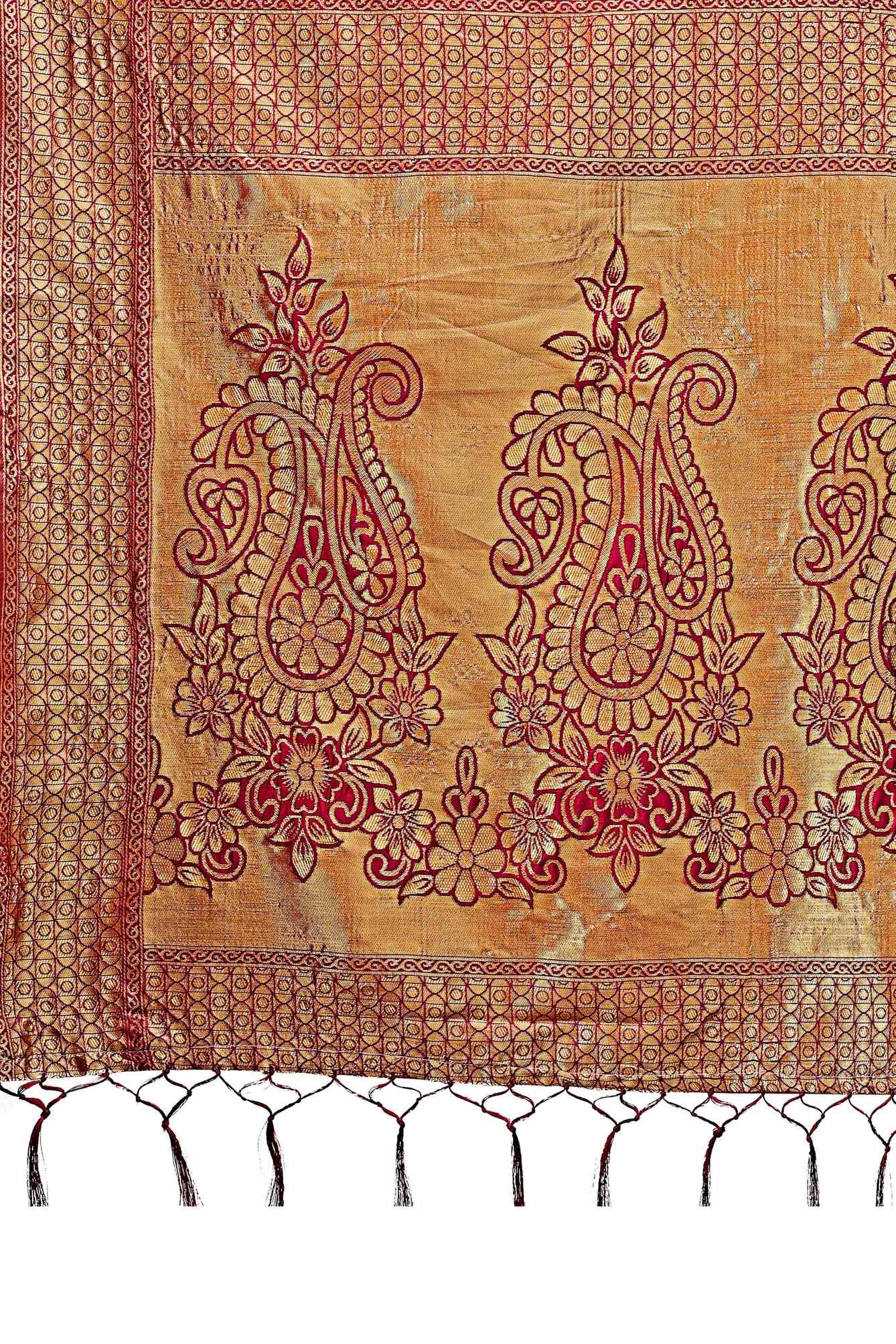 Dark Magenta Lichi Banarasi Silk Saree With Floral Zari Work & Tassel Border