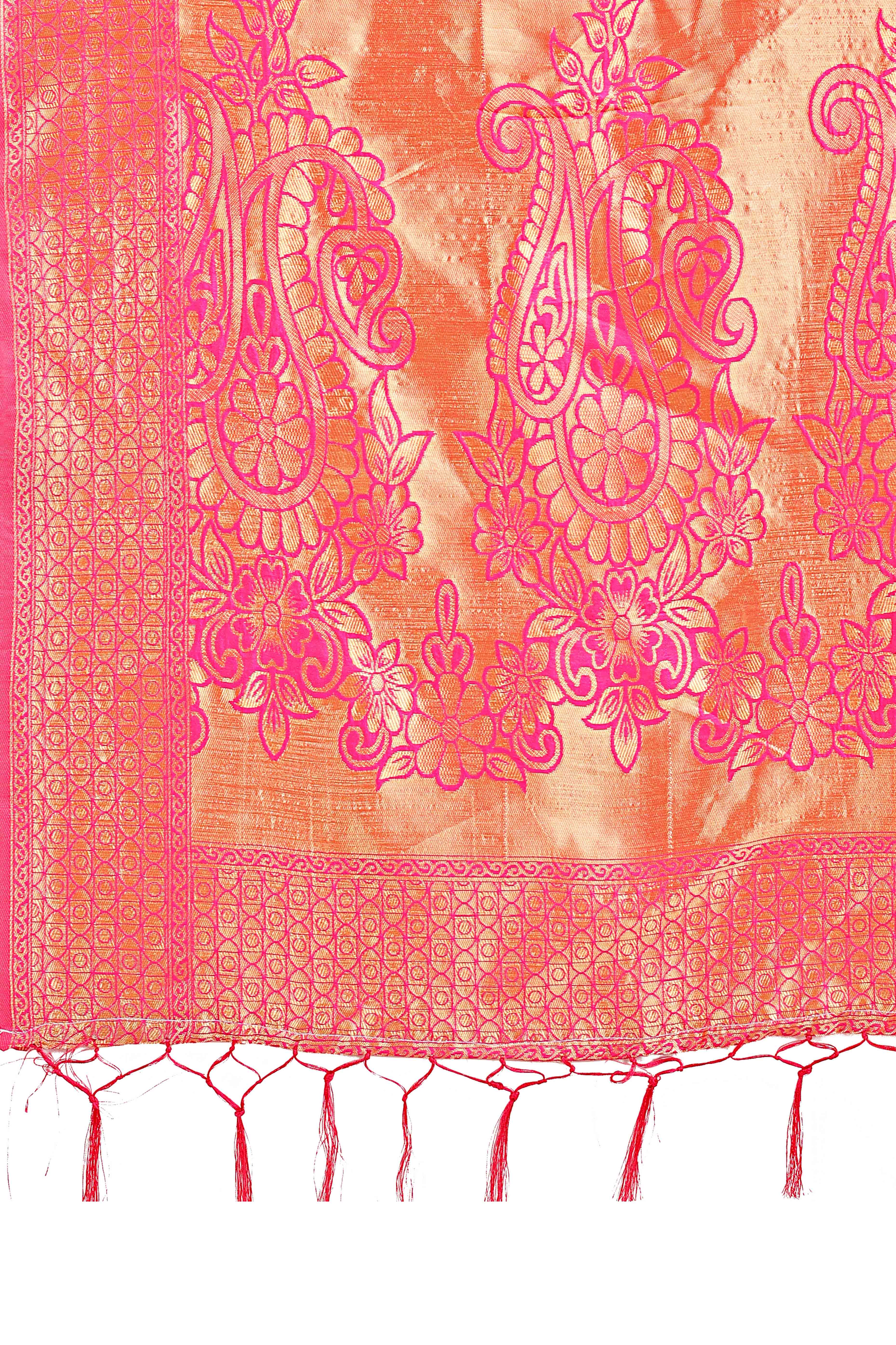 Pink Lichi Banarasi Silk Saree With Floral Zari Work & Tassel Border