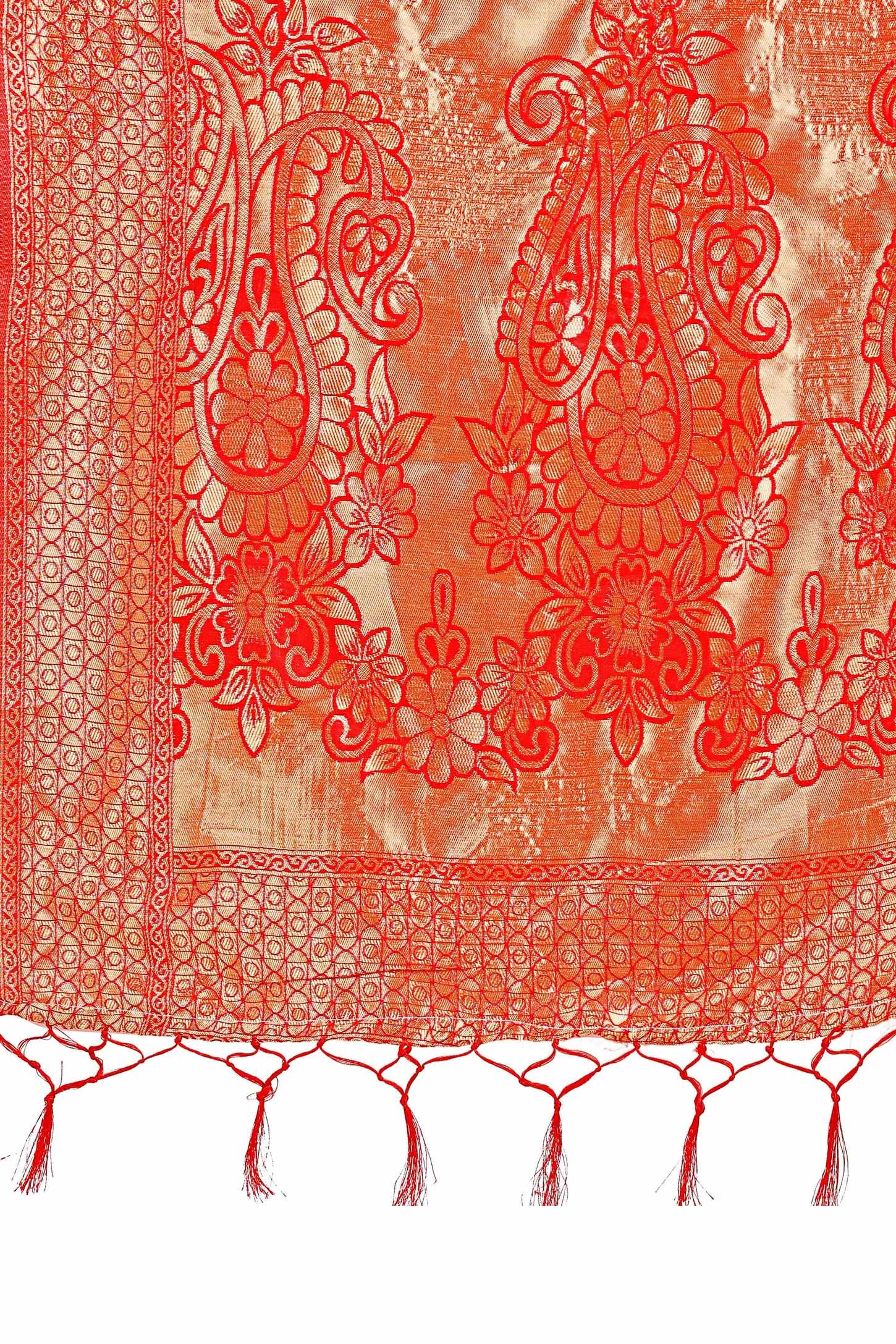 Maroon Lichi Banarasi Silk Saree With Floral Zari Work & Tassel Border