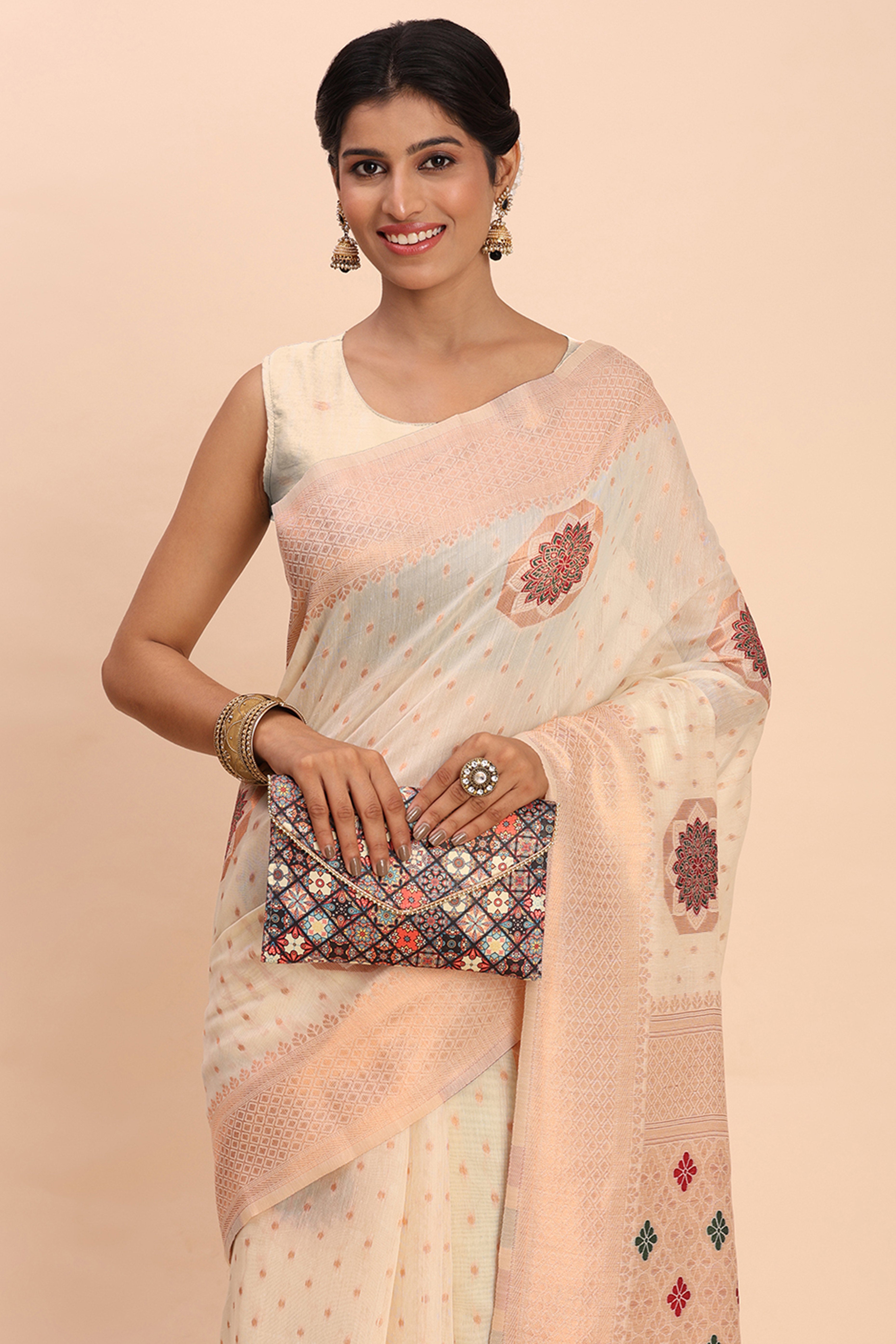 Stylish Offwhite Floral Zari Weaving Linen Cotton Saree With Graceful Tassel Pallu