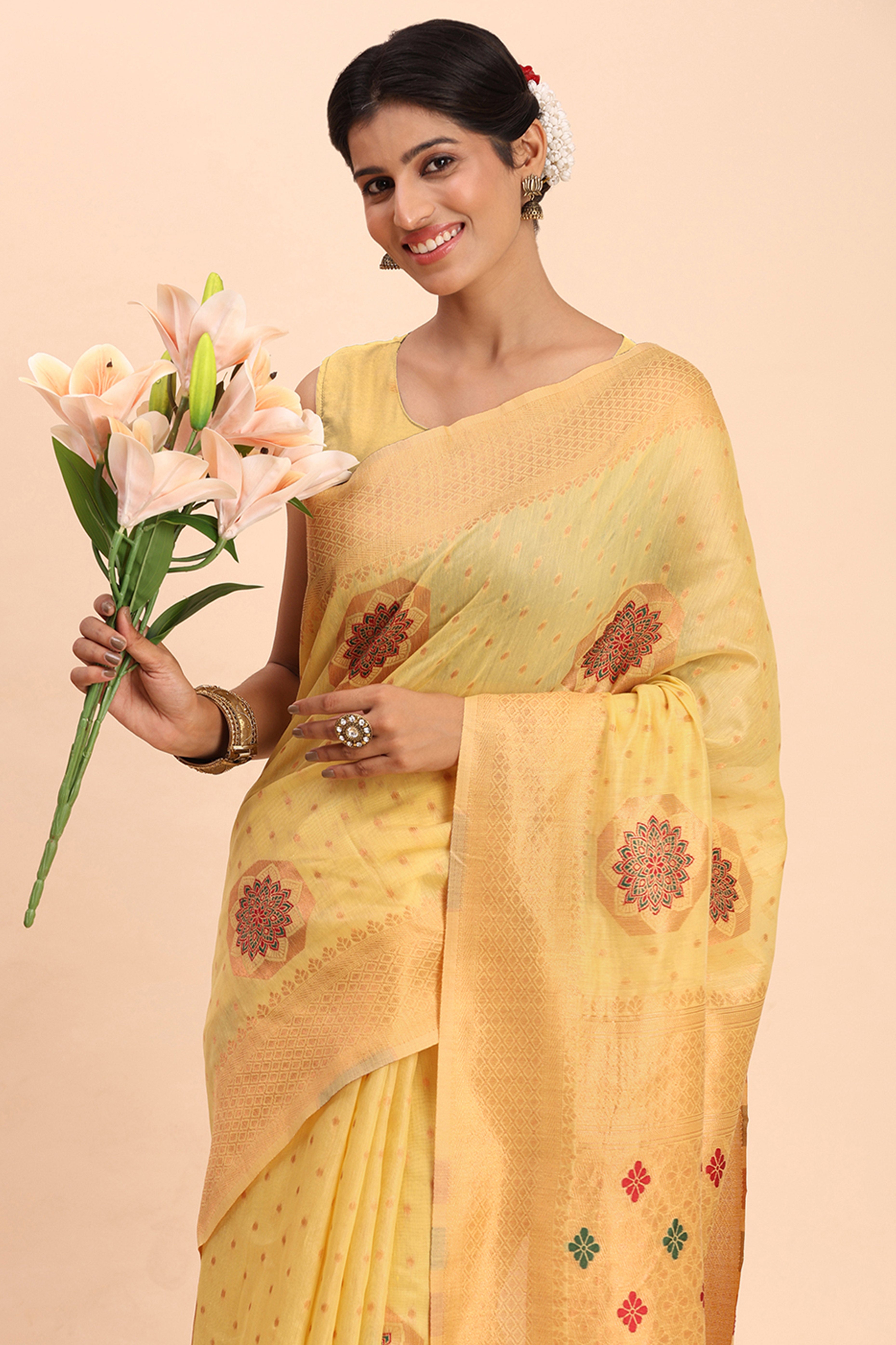 Stylish Yellow Floral Zari Weaving Linen Cotton Saree With Graceful Tassel Pallu
