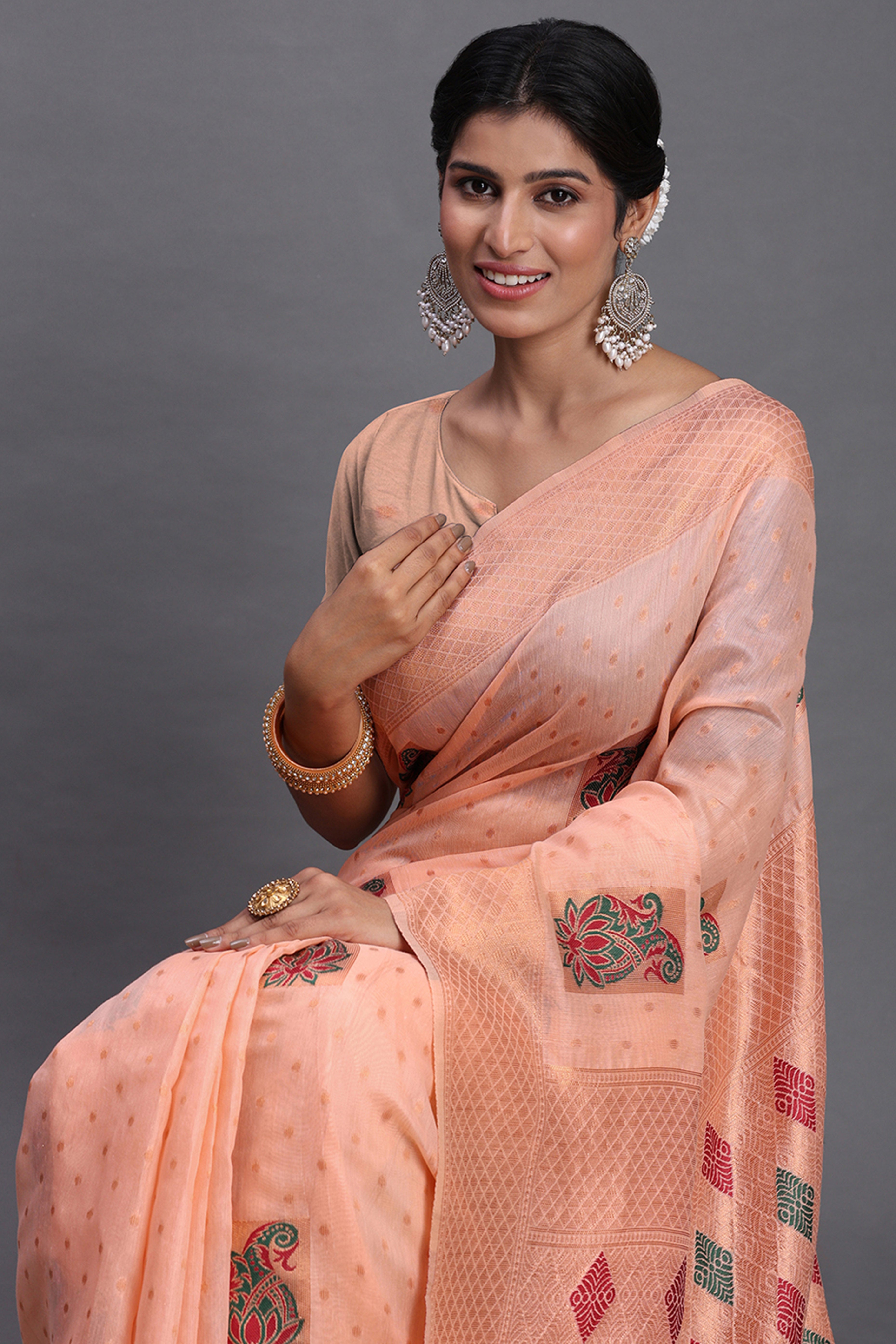 Stylish Peach Floral Zari Weaving Linen Cotton Saree With Graceful Tassel Pallu