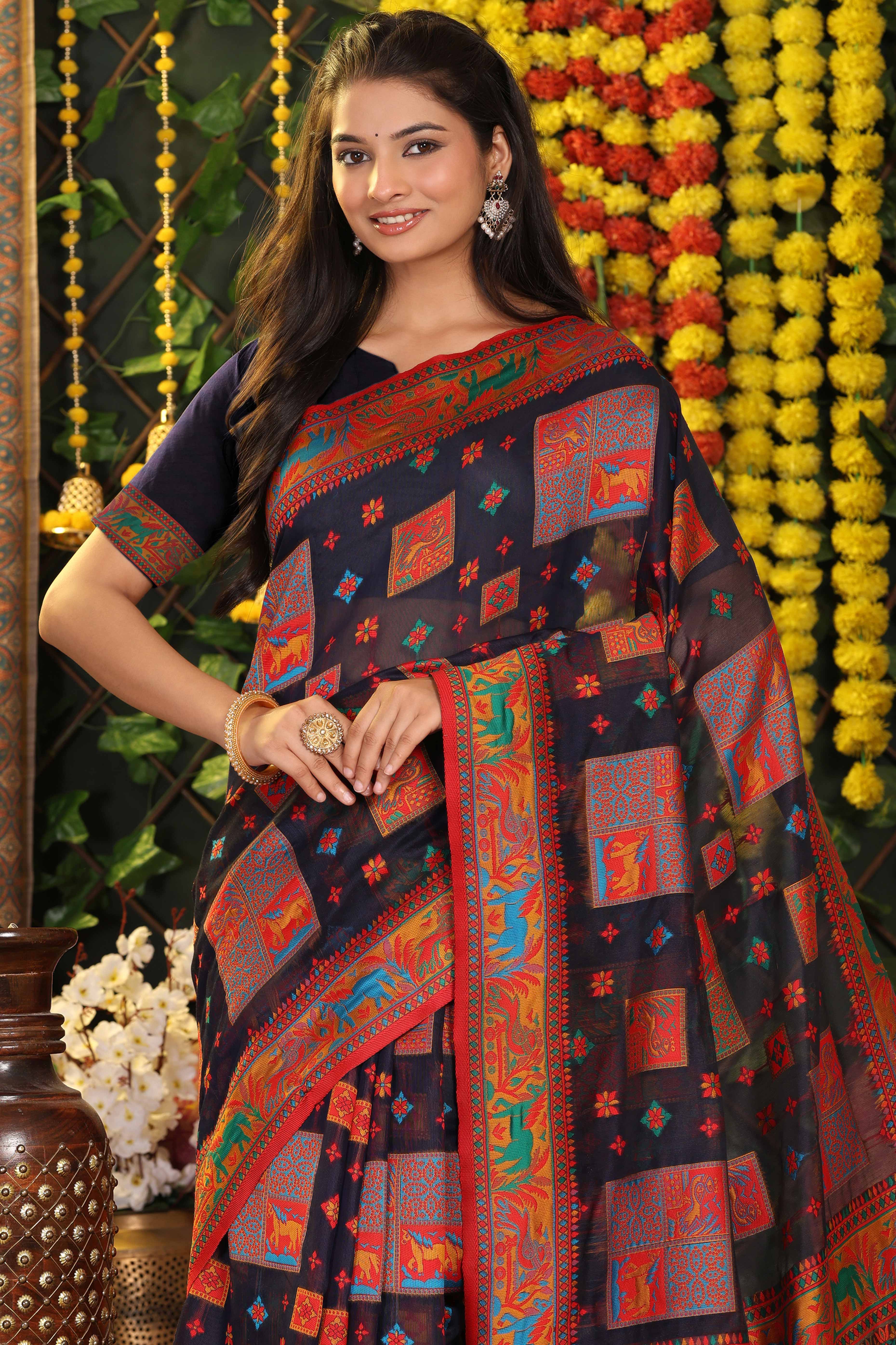 Dark Navy Blue Linen Cotton Saree Adorned With Floral Zari Weaving & Tassel Pallu