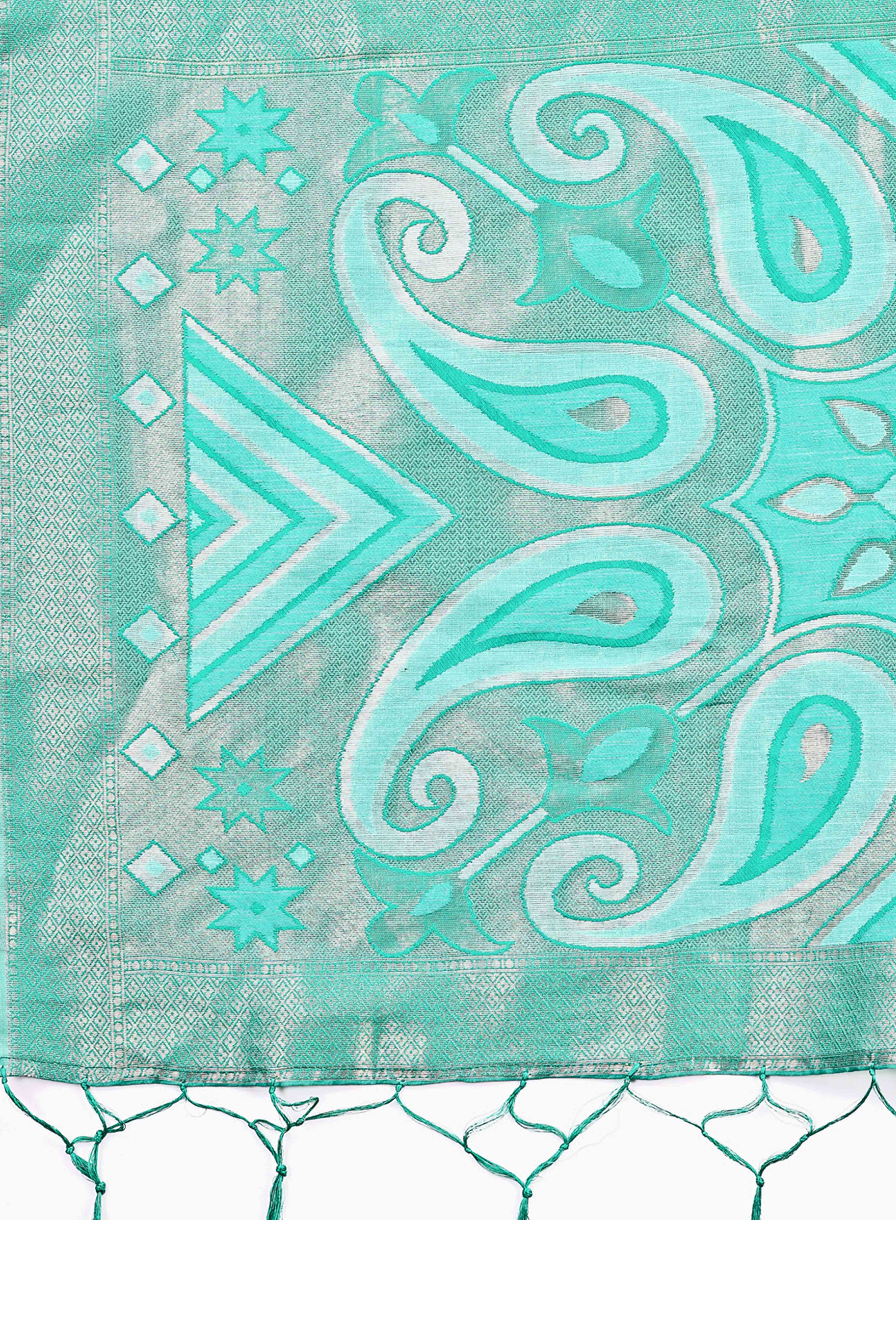 Refreshing Zari Woven Turquoise Linen Cotton Saree With Graceful Tassel Pallu