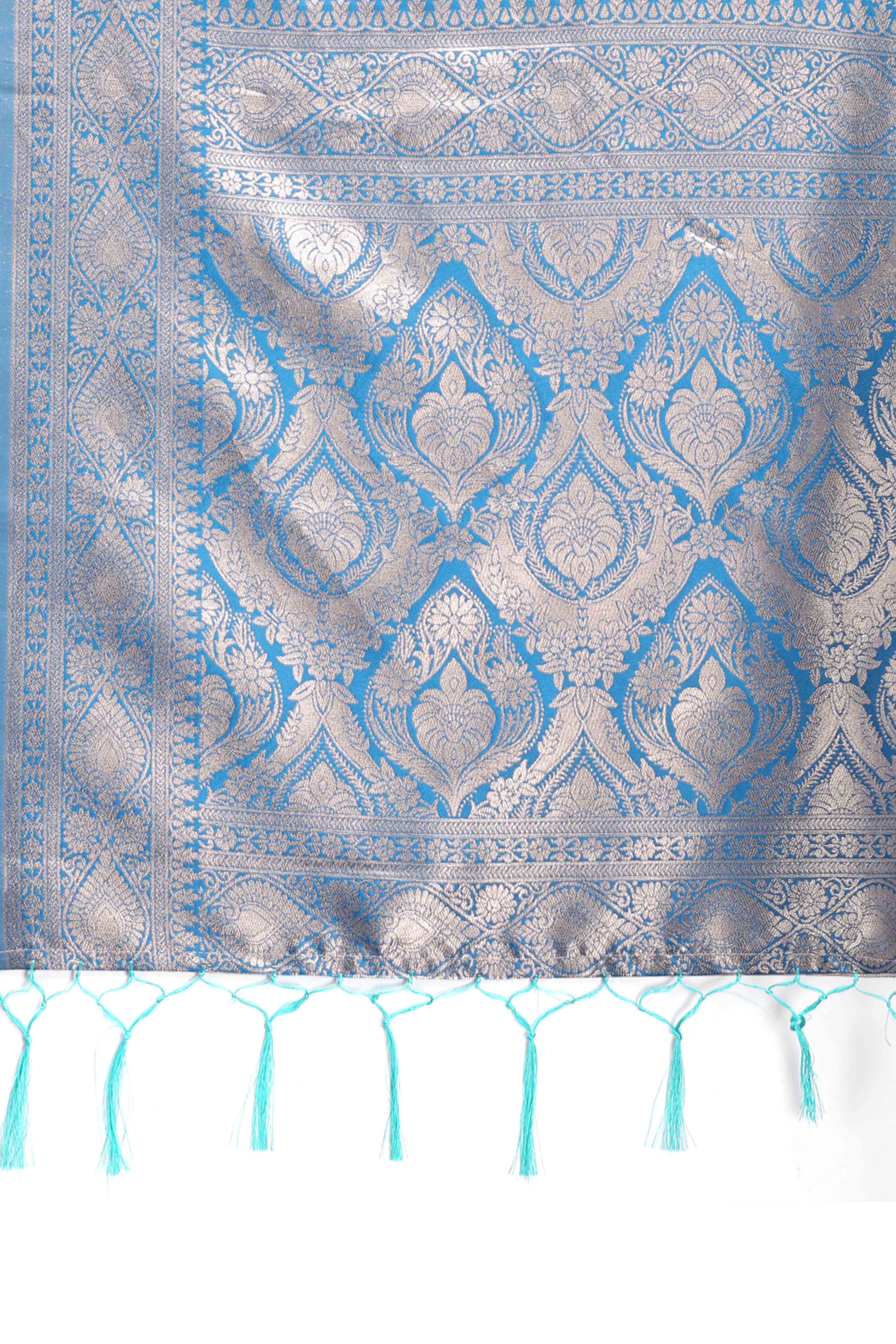 Tranquil Sky Blue Traditional Ikkat Style Zari Weaving Cotton Blend Saree with Charming Tassel Details