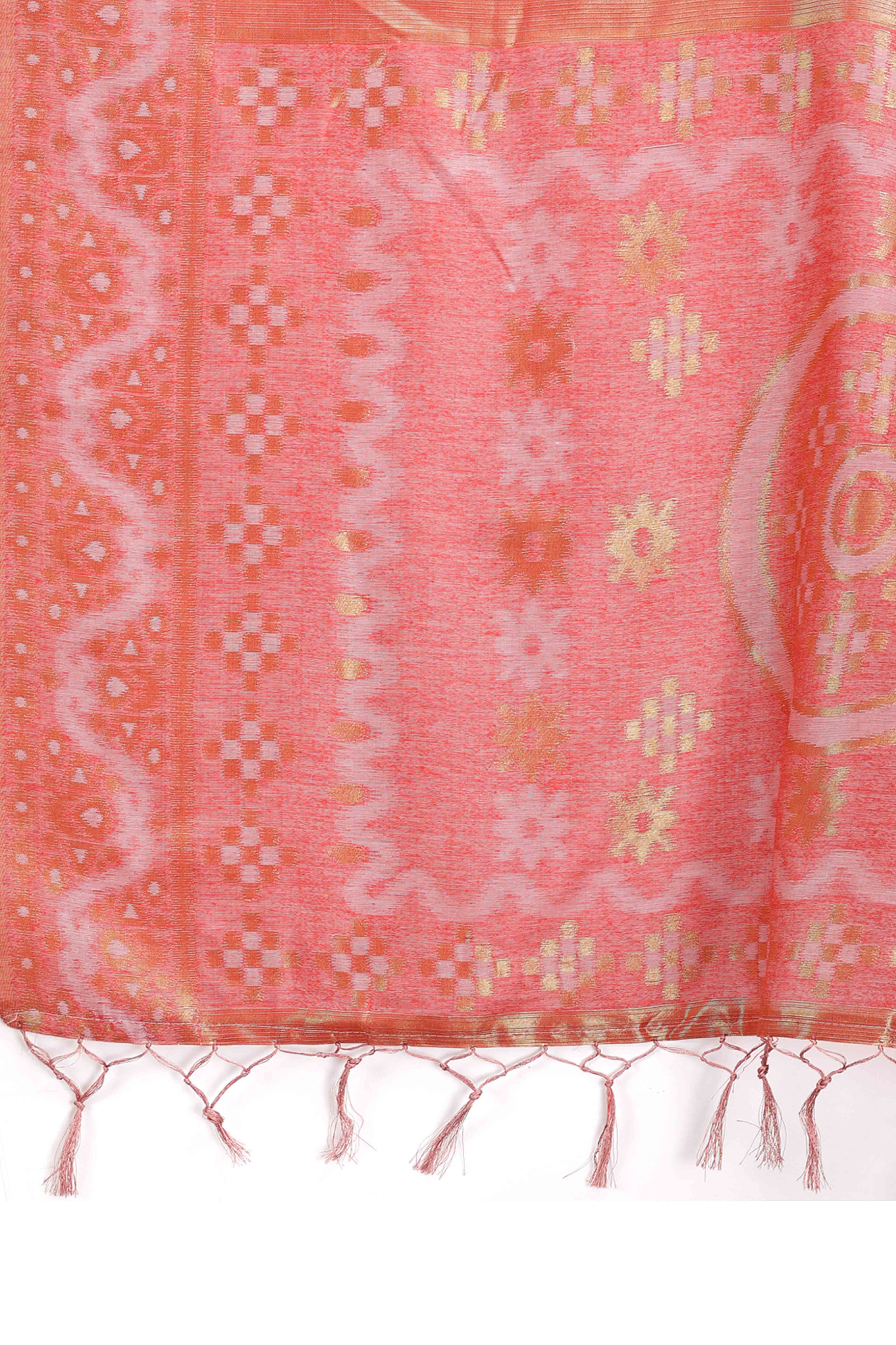 Exquisite Peach Traditional Ikkat Style Zari Weaving Cotton Blend Saree with Delicate Tassels