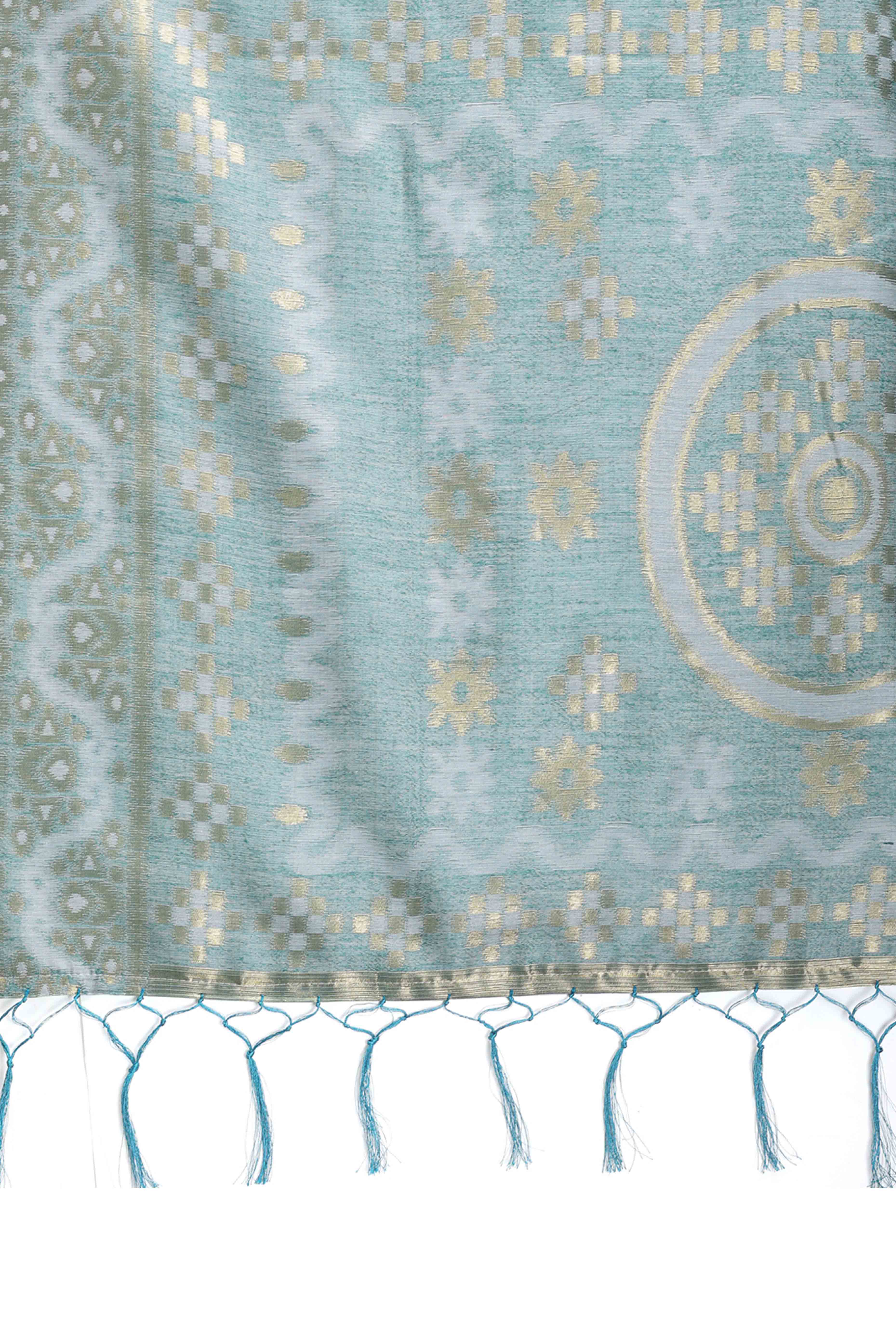 Serene Sea Green Traditional Ikkat Style Zari Weaving Cotton Blend Saree with Artistic Tassel Details