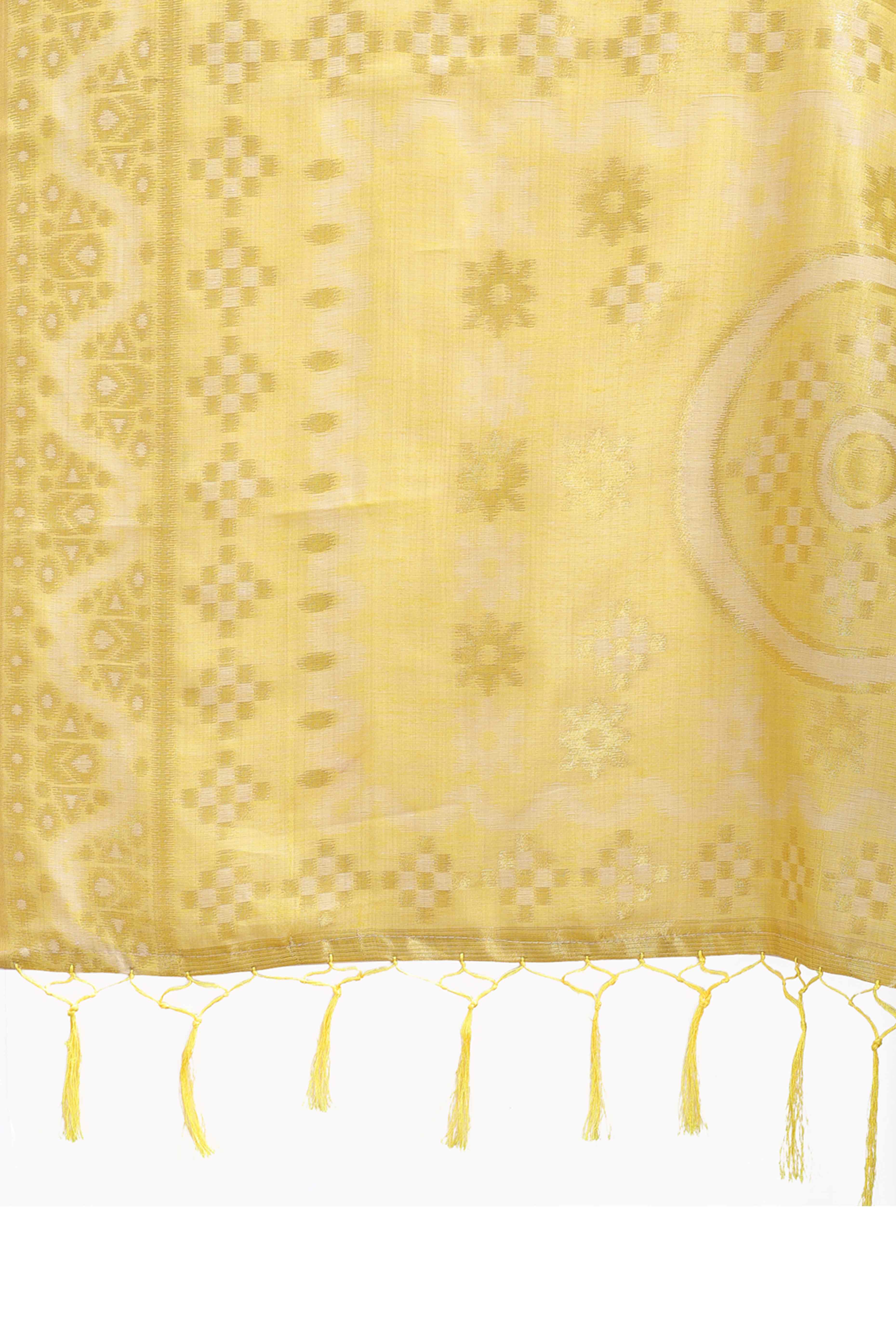 Radiant Yellow Traditional Ikkat Style Zari Weaving Cotton Blend Saree with Vibrant Tassel Embellishments