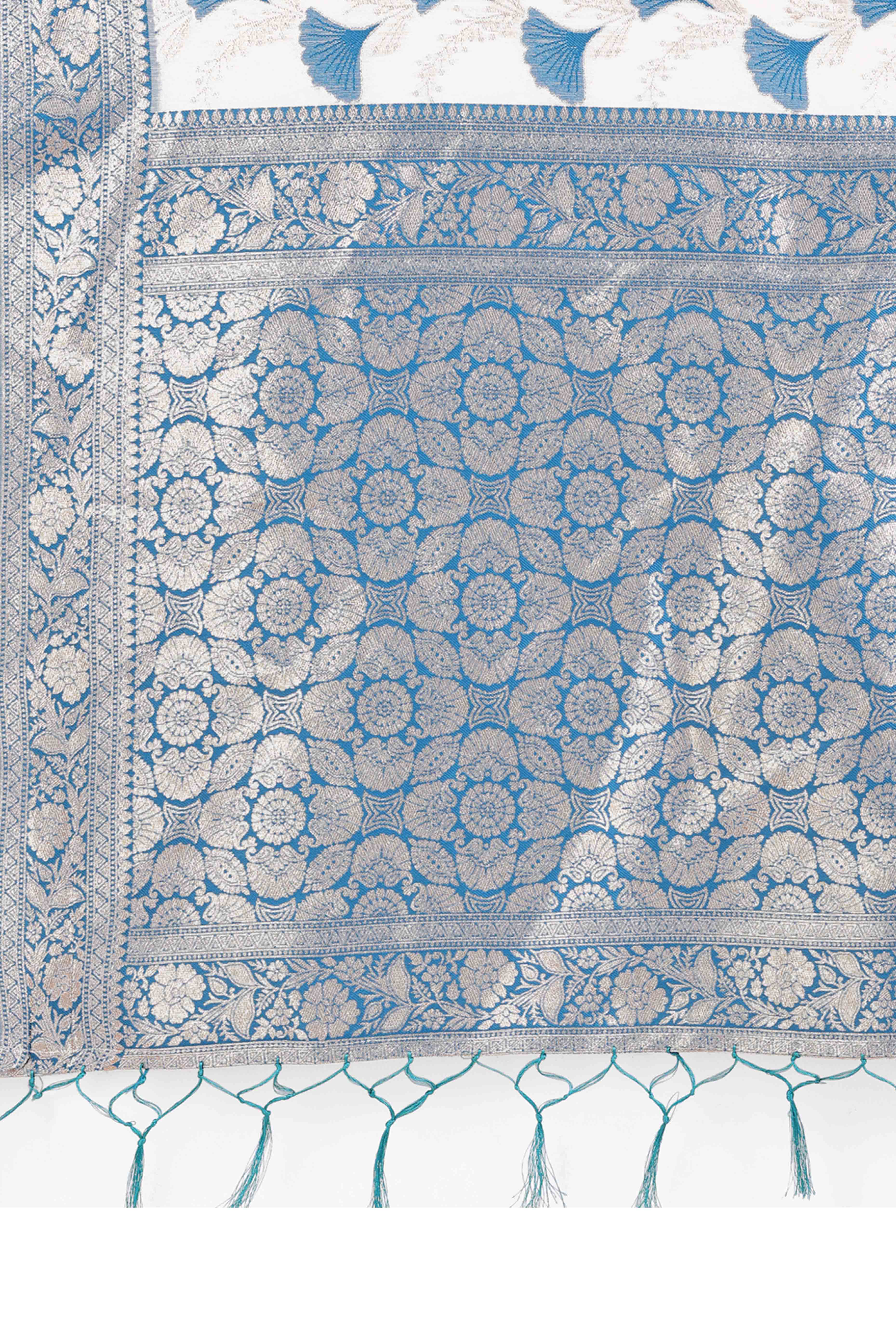 Blue Saree In Linen Cotton With Beautiful Floral Woven Patterns & a Tassel