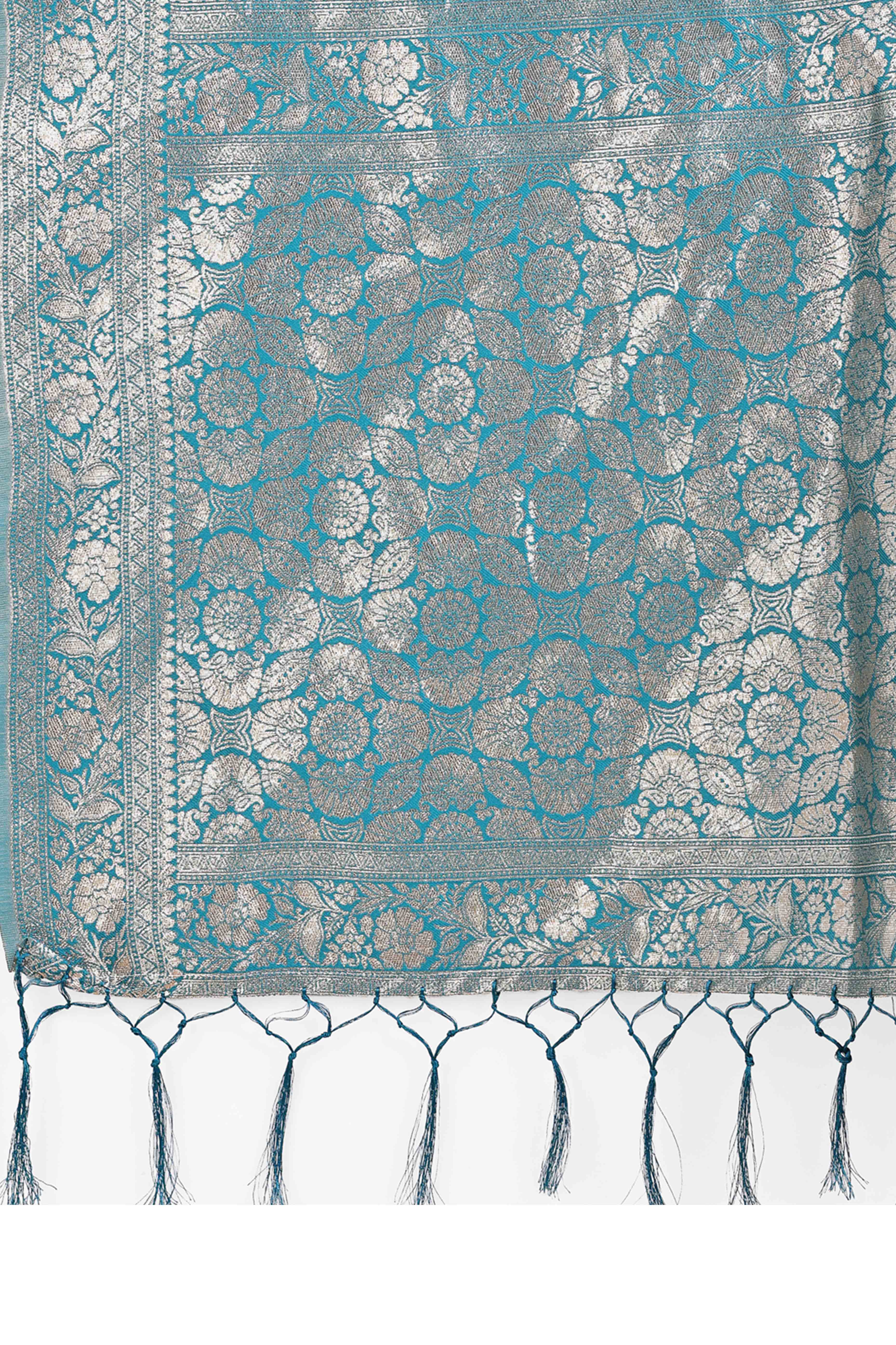 Rama Blue Saree In Linen Cotton With Beautiful Floral Woven Patterns & a Tassel