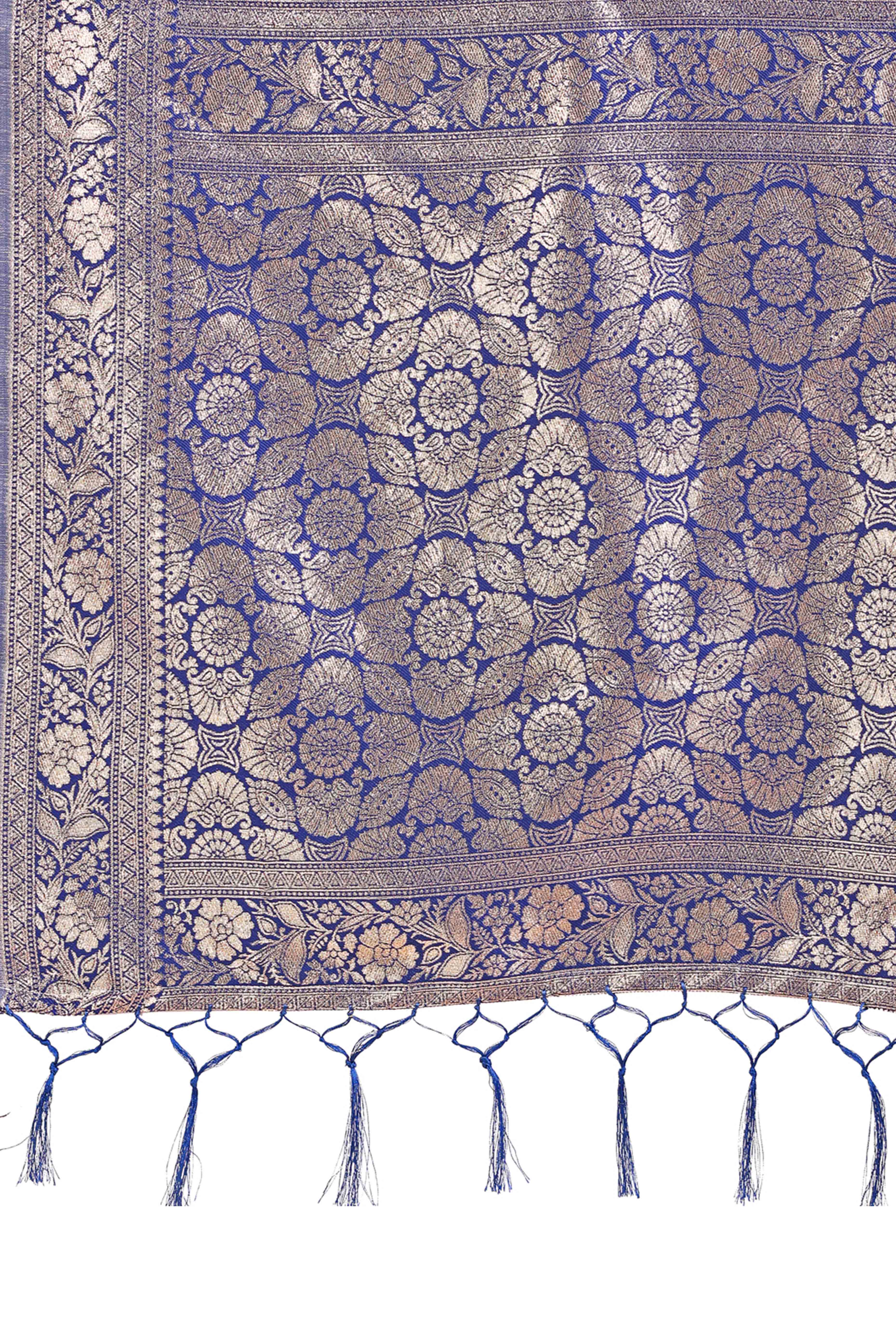 Navy Blue Saree In Linen Cotton With Beautiful Floral Woven Patterns & a Tassel