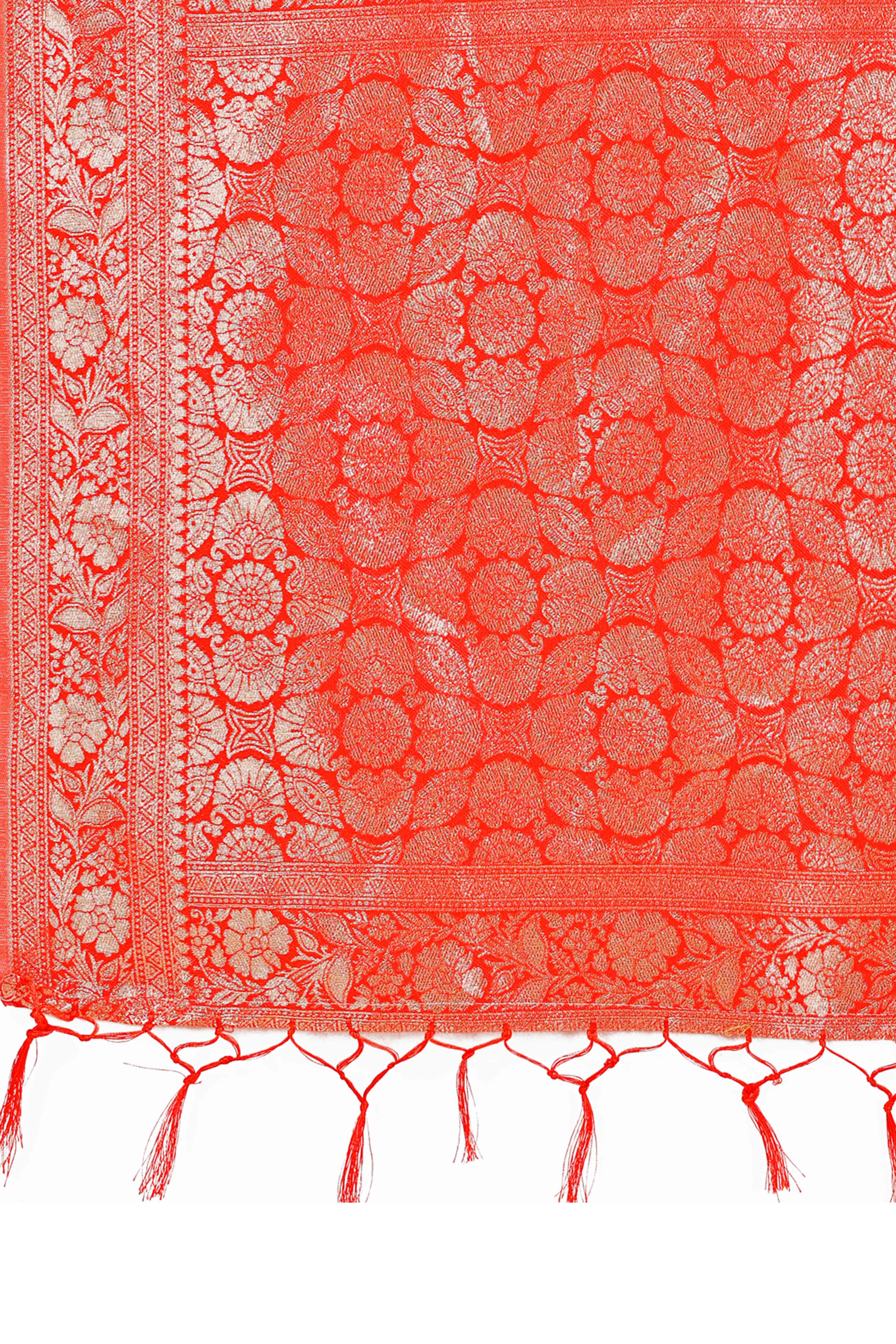 Red Saree In Linen Cotton With Beautiful Floral Woven Patterns & a Tassel