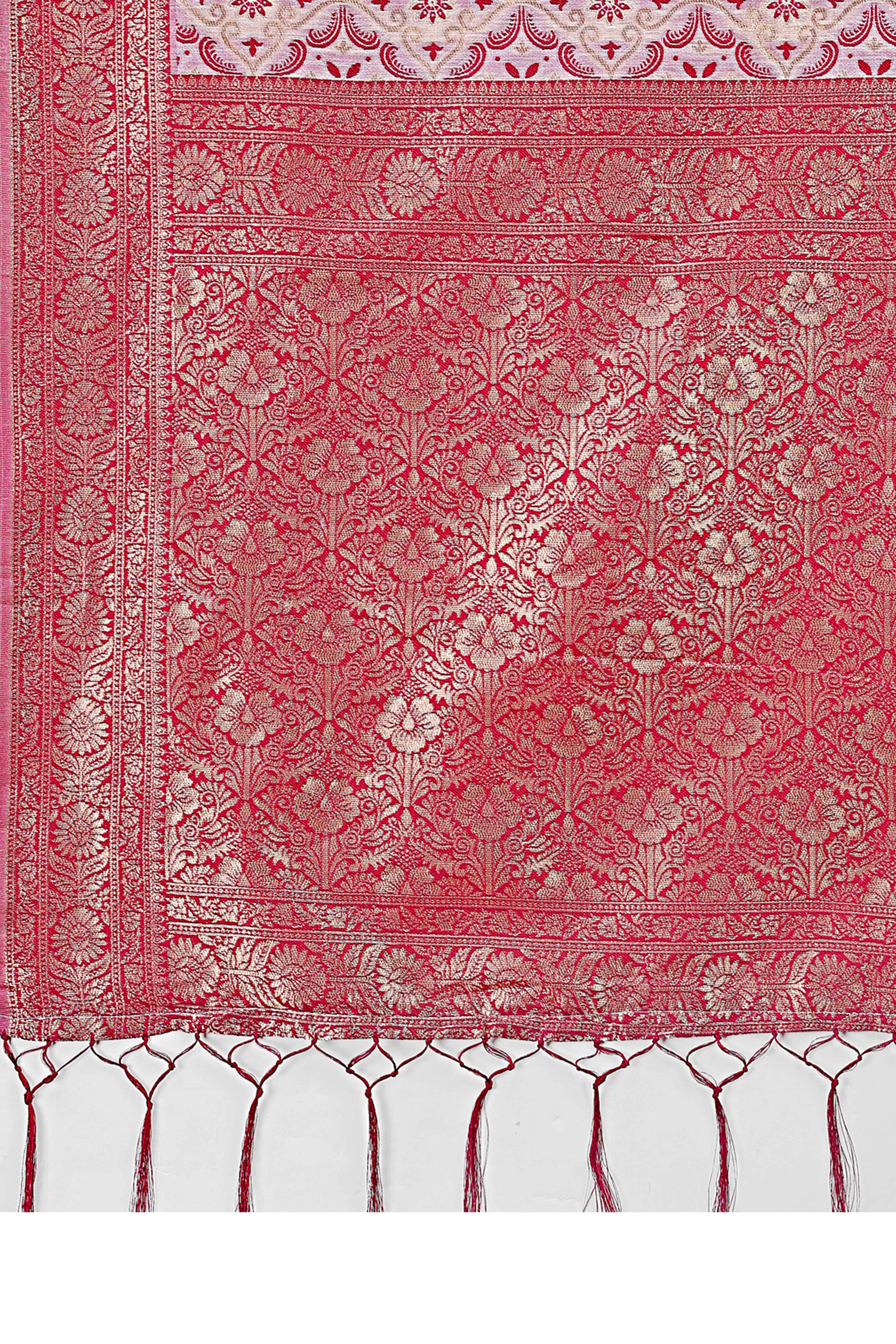 Pink Cotton Blend Saree with Woven Floral Brocade Patterns and Tasseled Borders